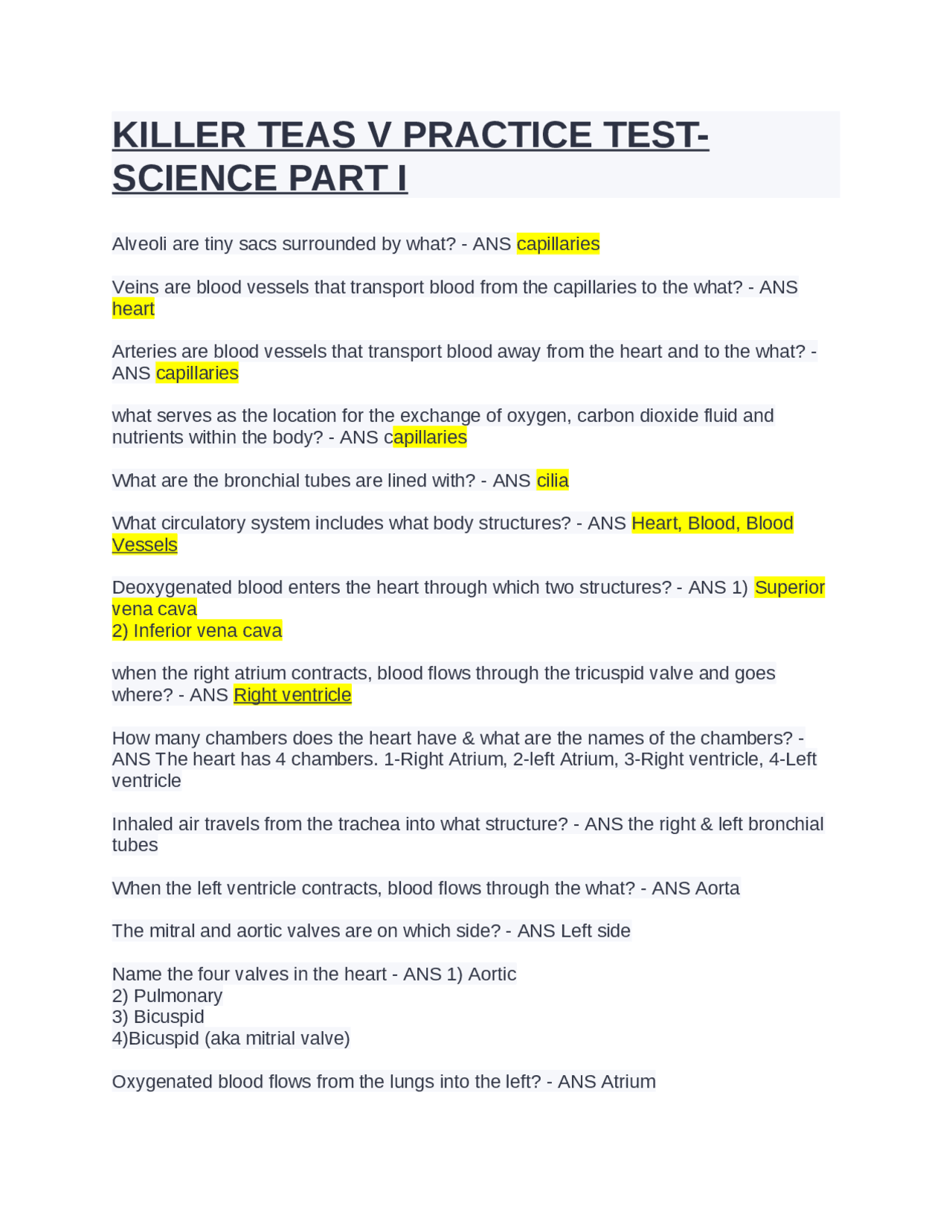 KILLER TEAS V PRACTICE TEST-SCIENCE PART I.Question and Answers | Exams  Nursing | Docsity