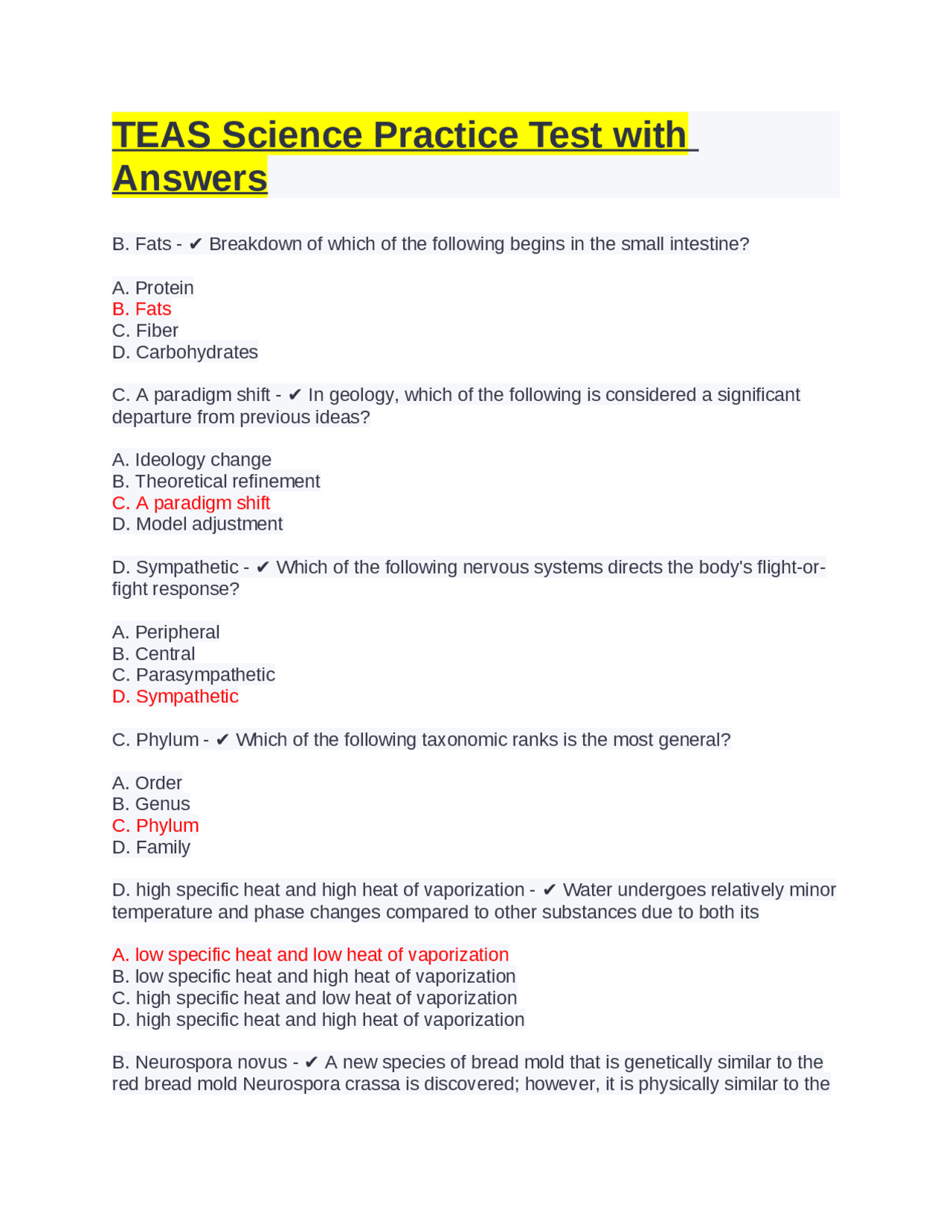 TEAS Science Practice Test with Answers. | Exams Nursing | Docsity