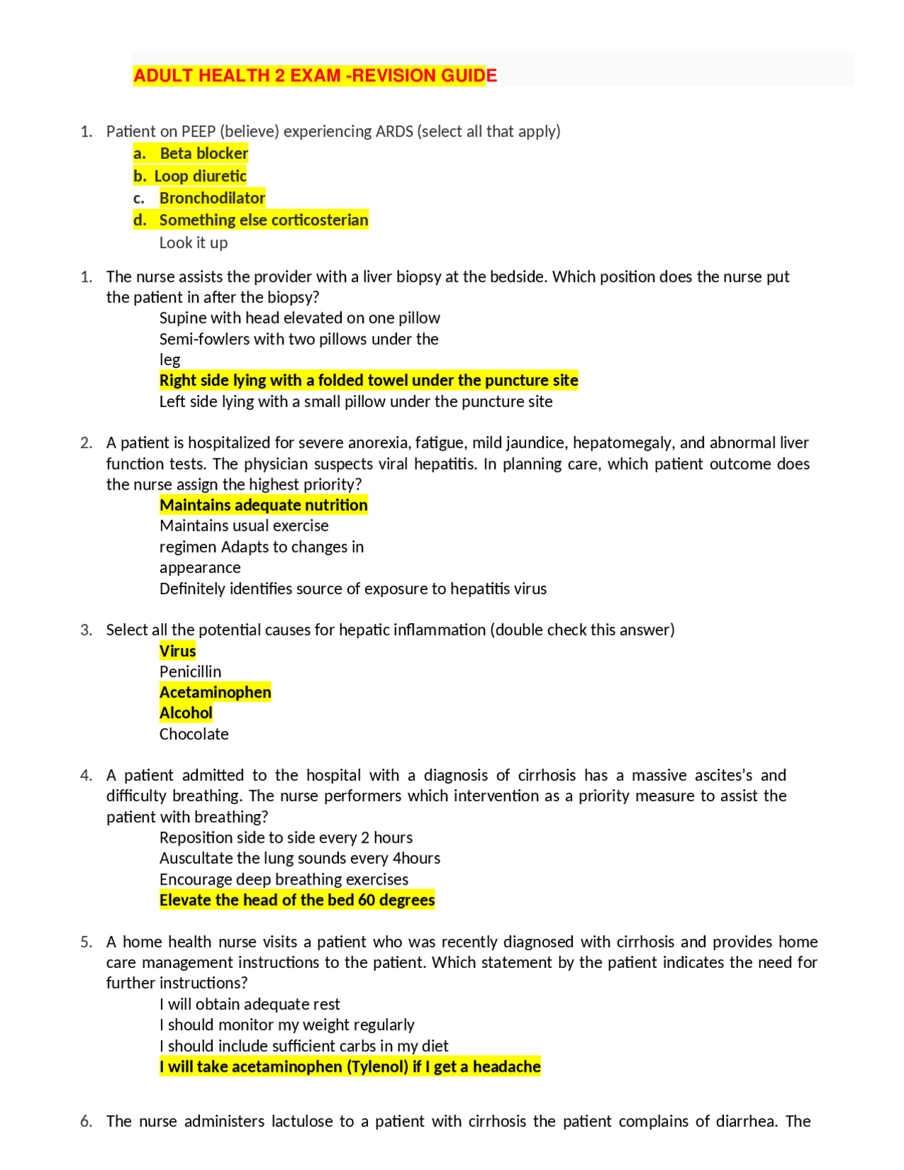 ADULT HEALTH 2 EXAM -REVISION GUIDE ALL ANSWERS ARE CORRECT - Docsity
