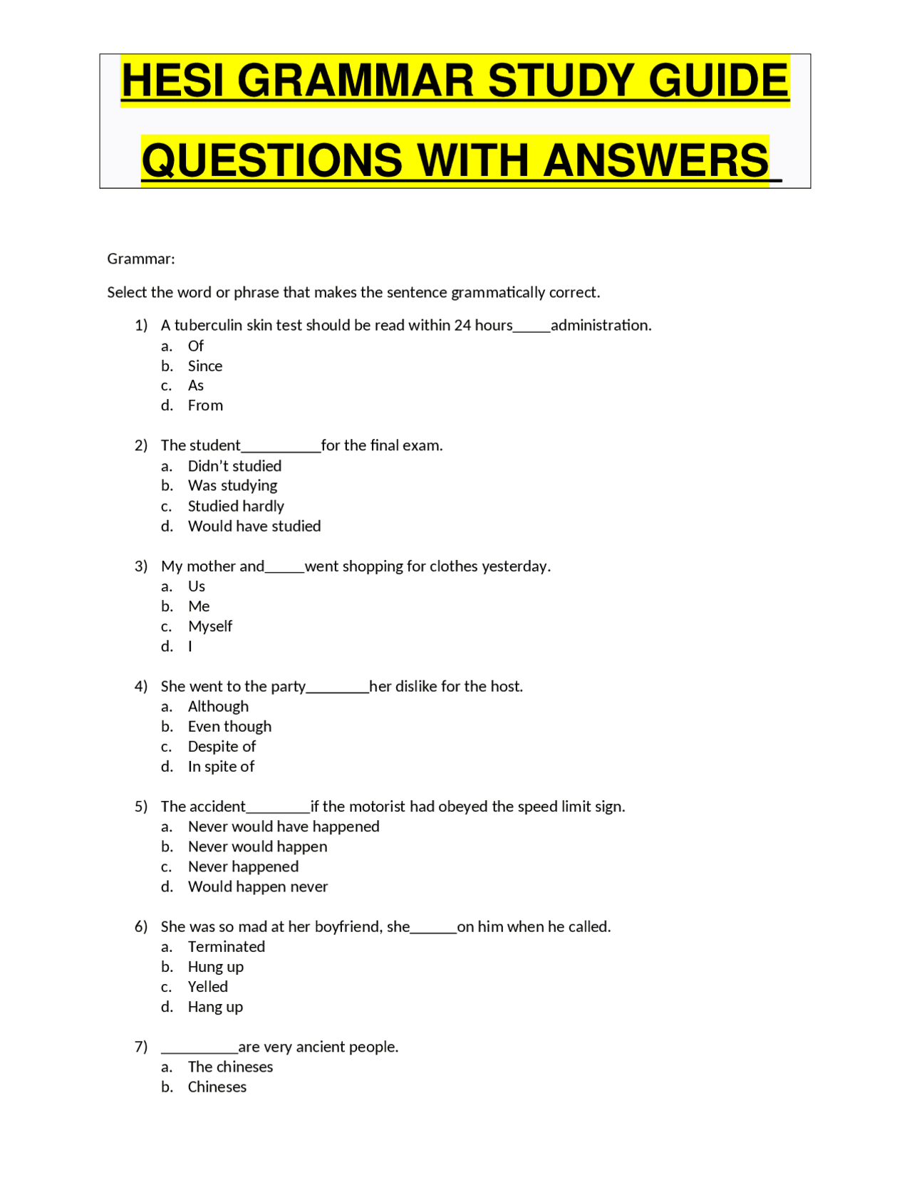 HESI GRAMMAR STUDY GUIDE QUESTIONS WITH ANSWERS - Docsity