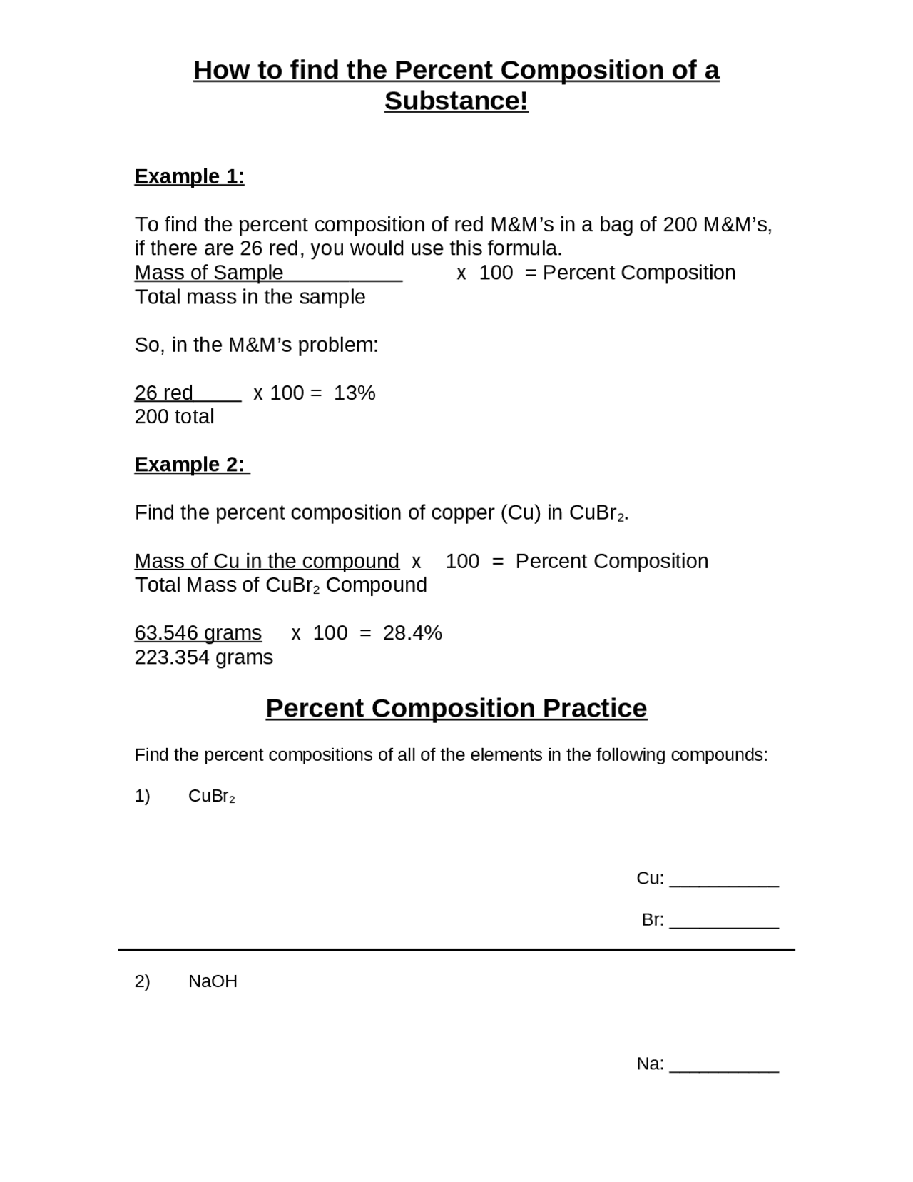 Compozition Practice Percent Composition Practice - Docsity