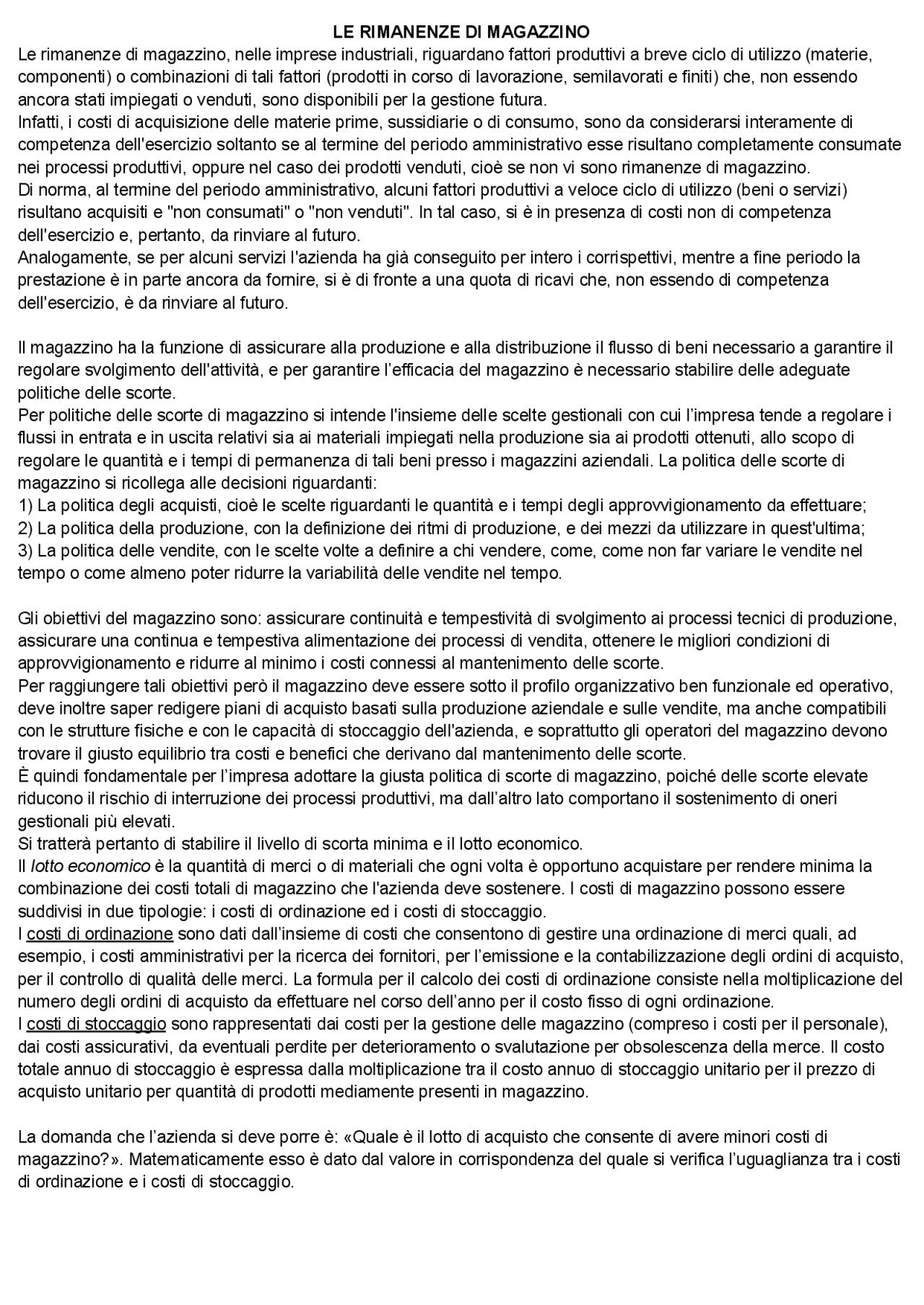Le rimanenze di magazzino | Appunti di Economia aziendale - Docsity