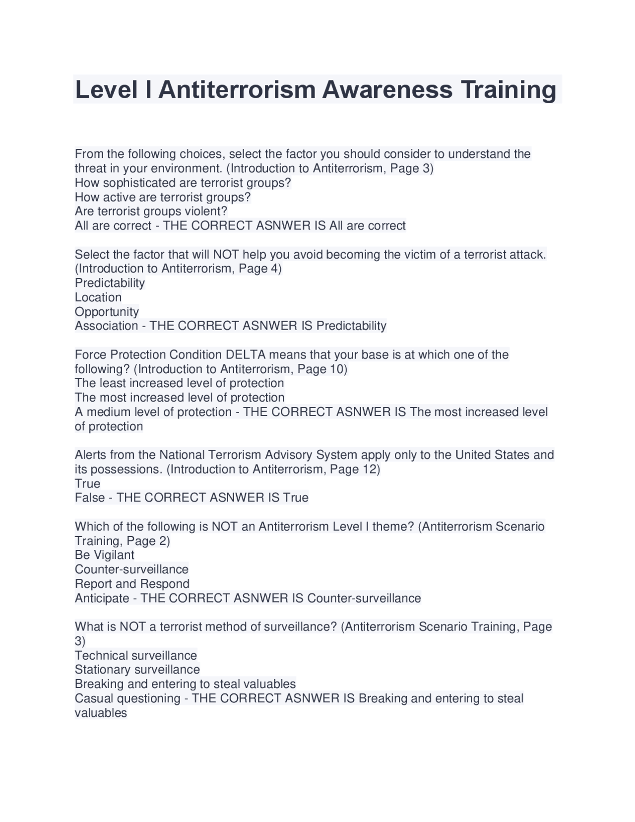 Quizlet Level I Antiterrorism Awareness Trainingpodcast Personal - 14ahey4