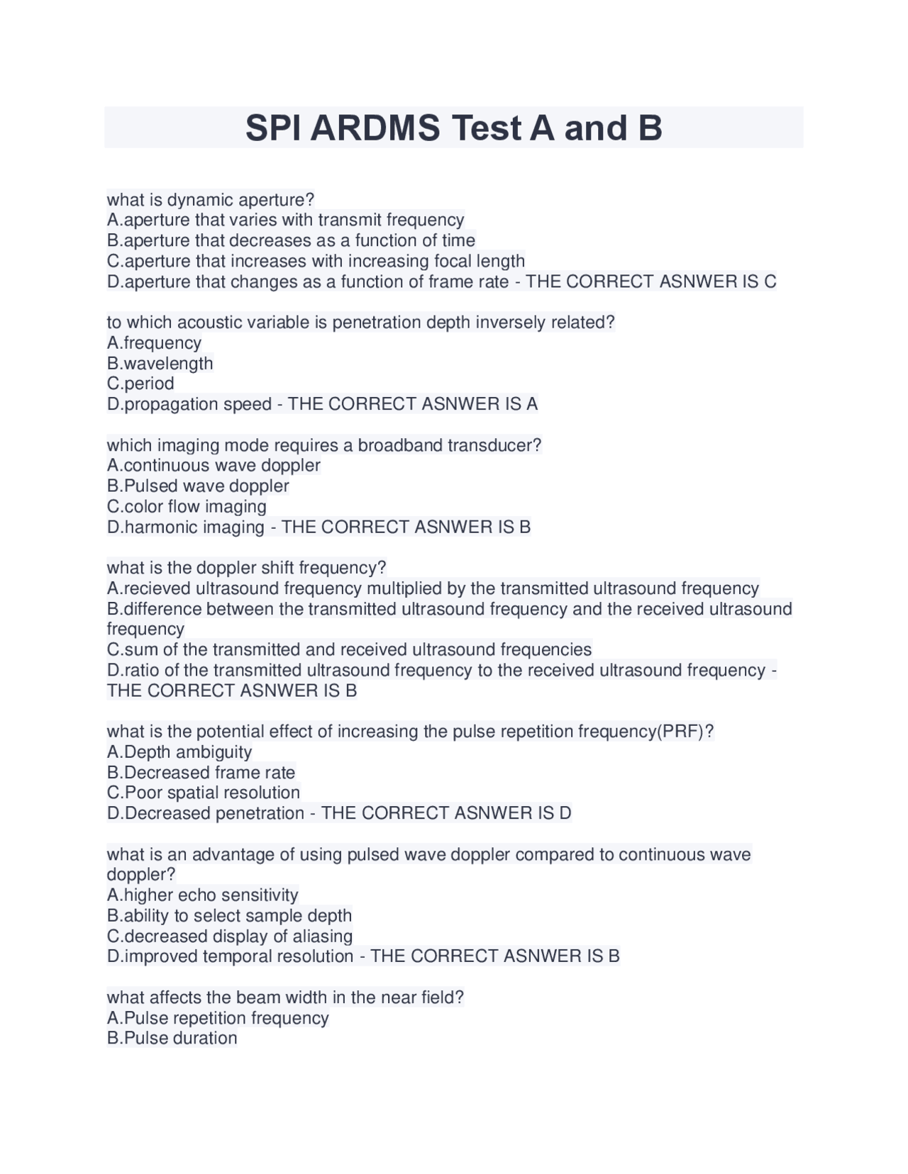 SPI ARDMS Test A and B (Latest 2022/2023) (Verified Answers by GOLD ...