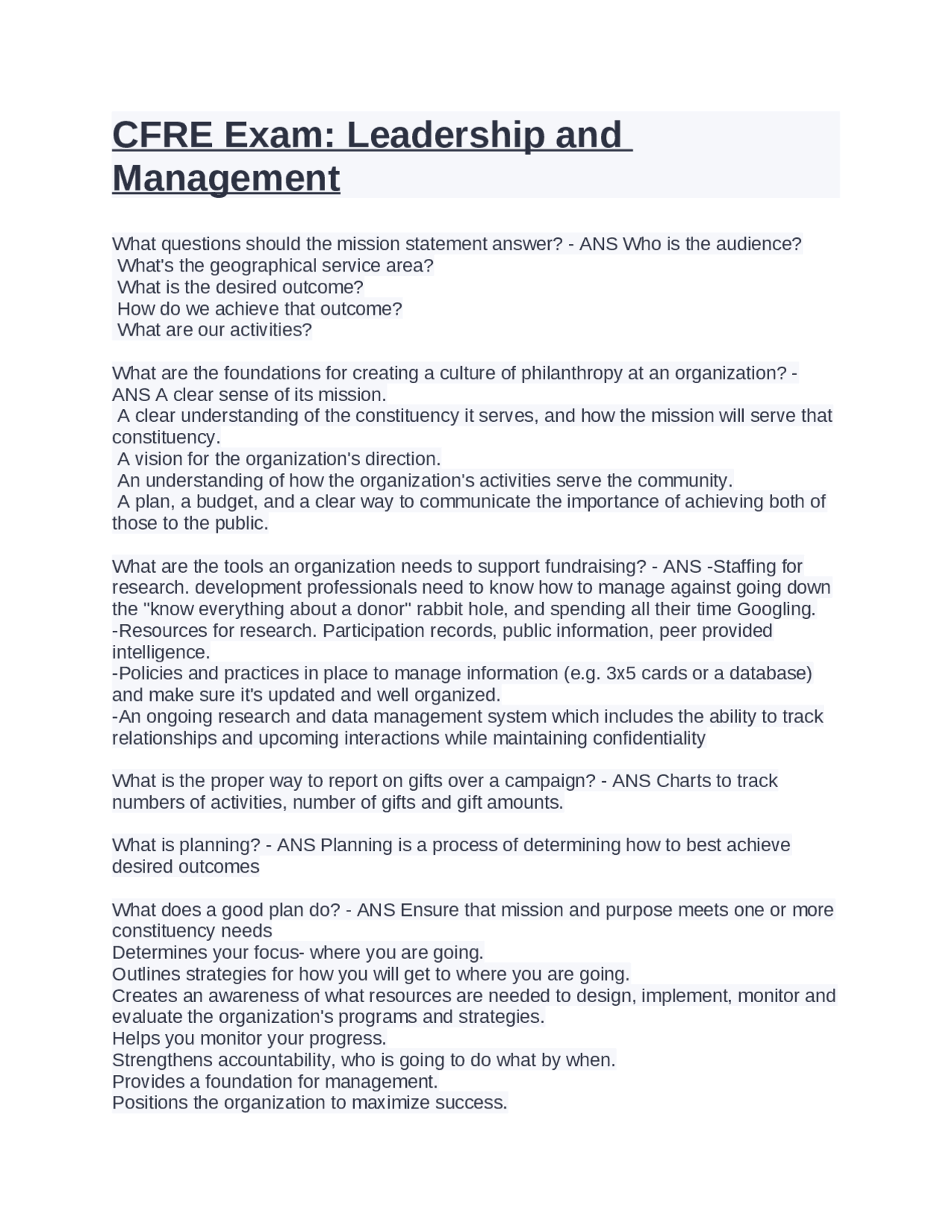 CFRE Exam: Leadership and Management | Exams Nursing | Docsity