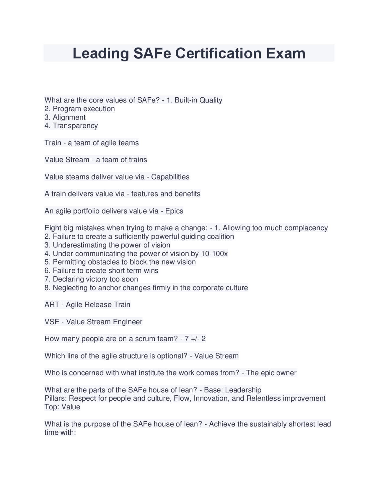 Leading SAFe Certification Exam (Latest 2022/2023) (Verified Answers by