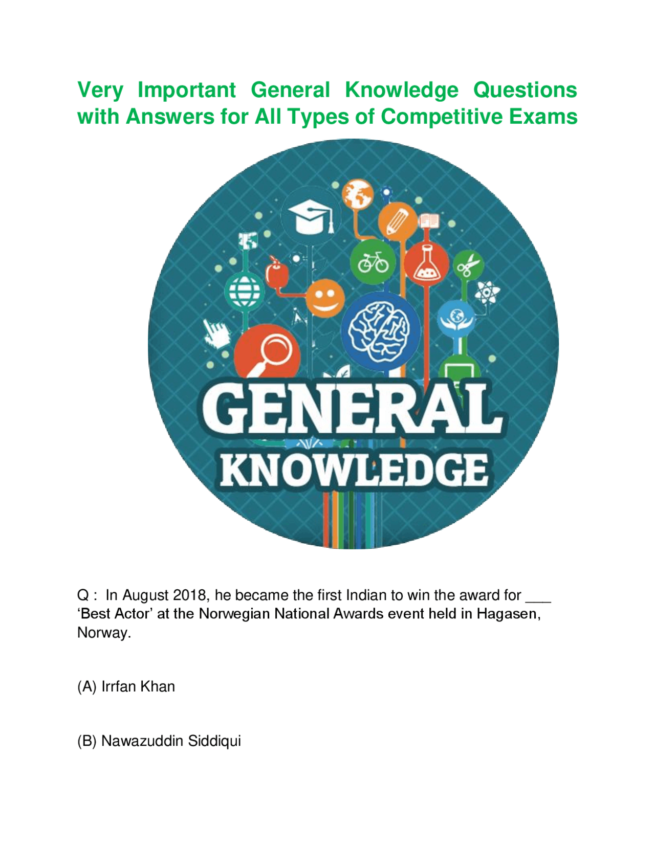 Very Important General Knowledge Questions with Answers for All Types ...