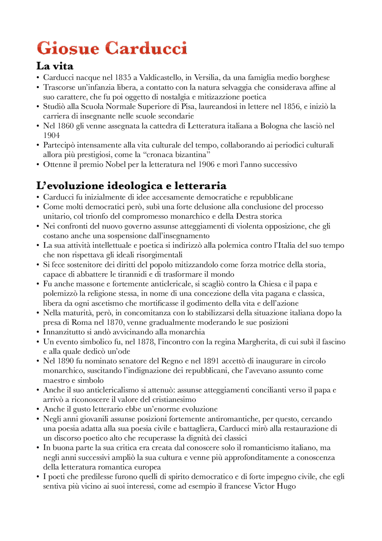 Carduchi Language Carducci- vita e opere | Appunti di Italiano - Docsity