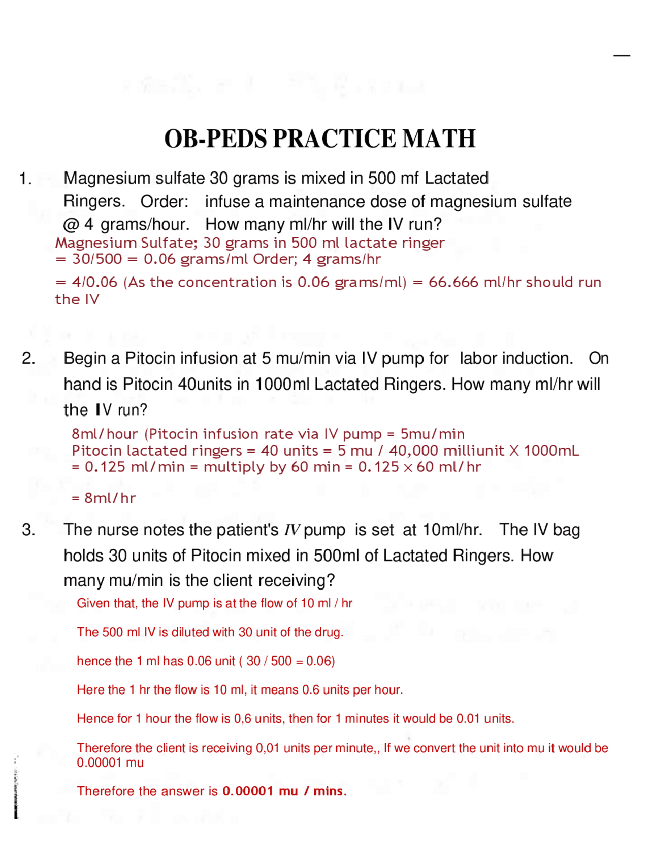 OB-PEDS PRACTICE MATH | Exams Nursing - Docsity