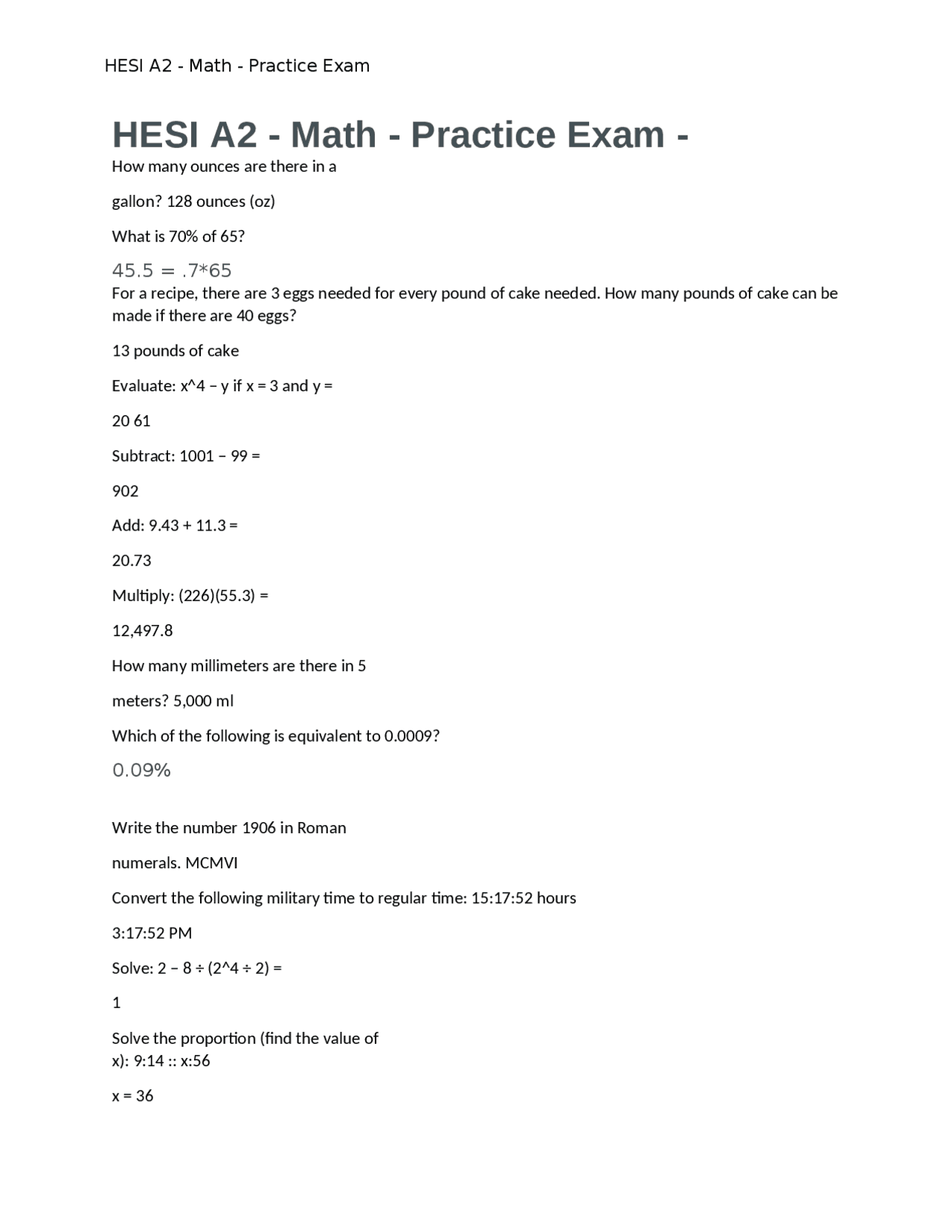 HESI A2 - Math - Practice Exam /HESI A2 - Math - Practice Exam - Docsity