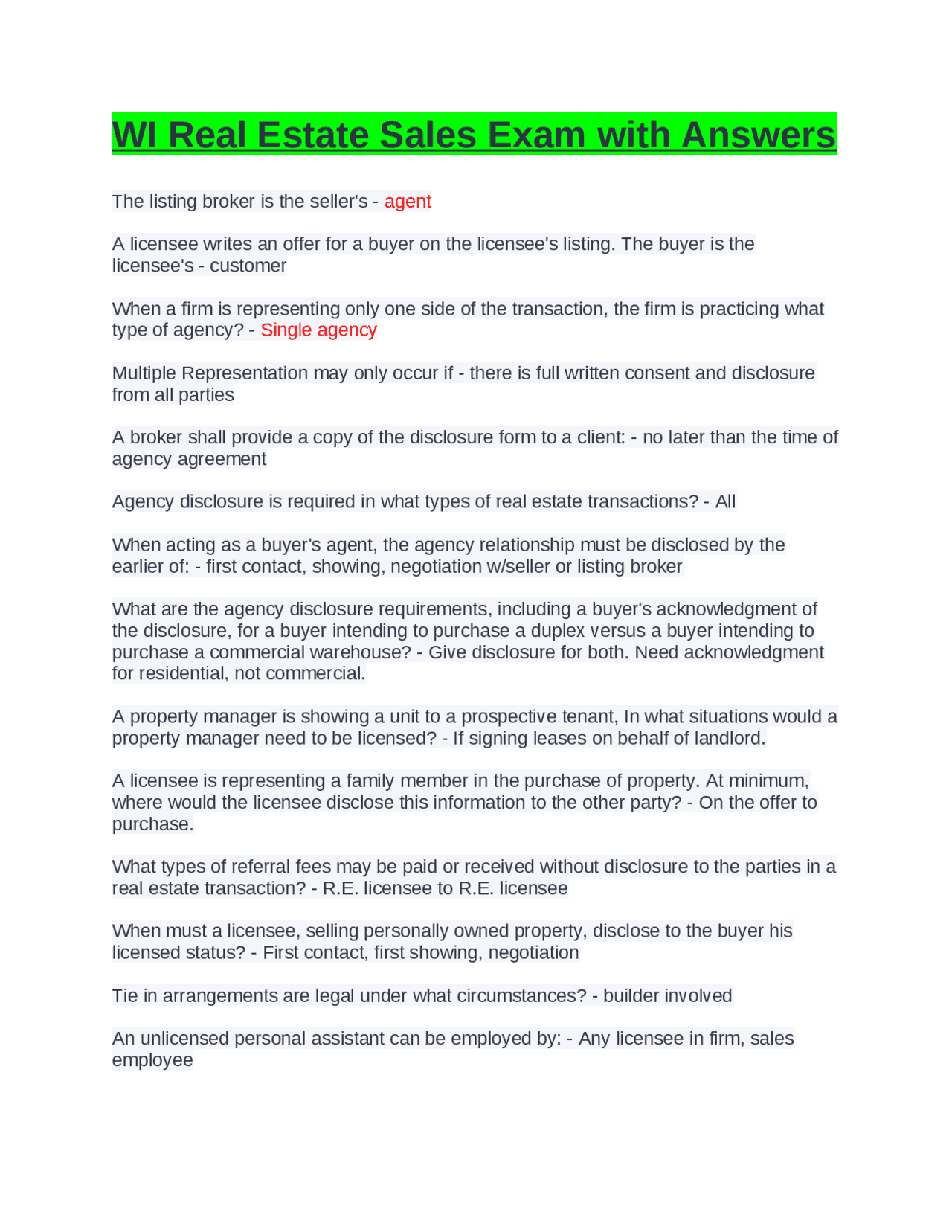 WI Real Estate Sales Exam with Answers. Exams Nursing Docsity