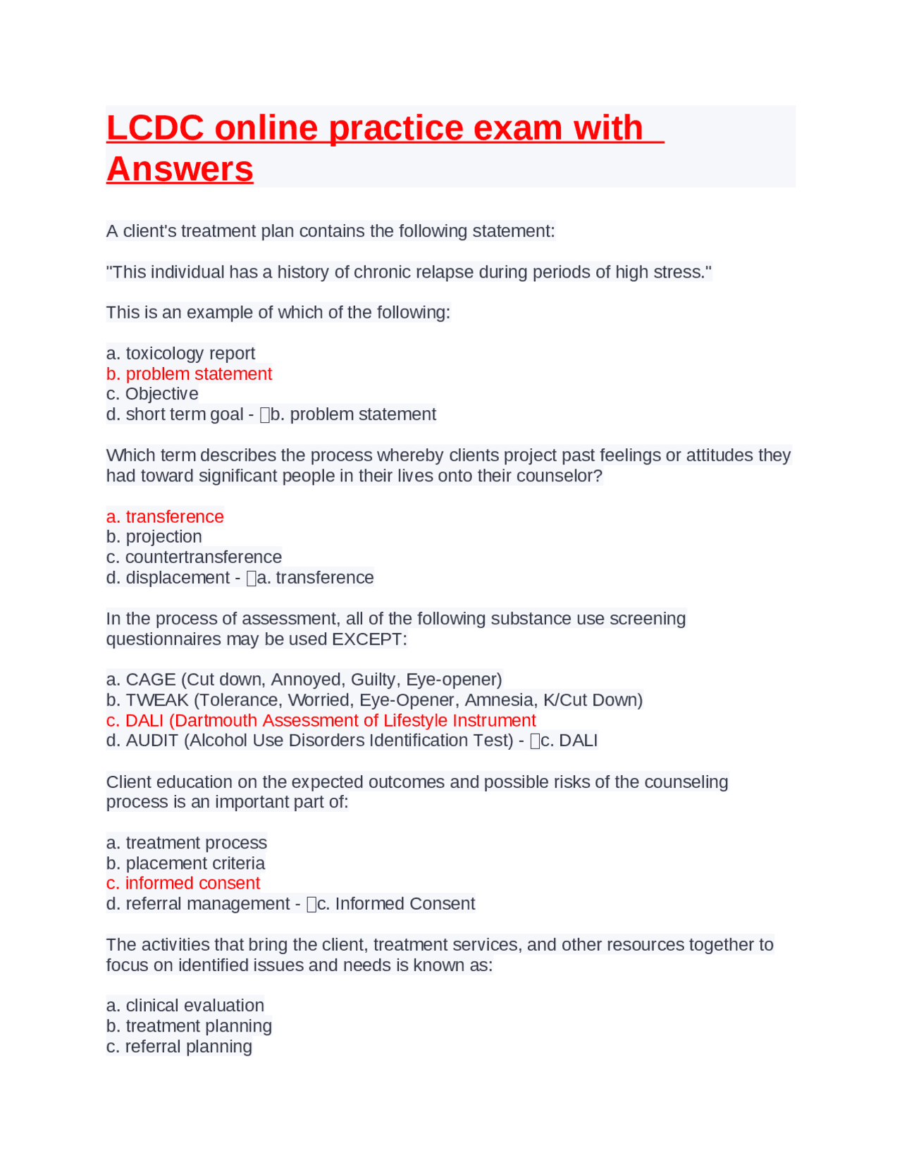 LCDC online practice exam with Answers. | Exams Nursing | Docsity