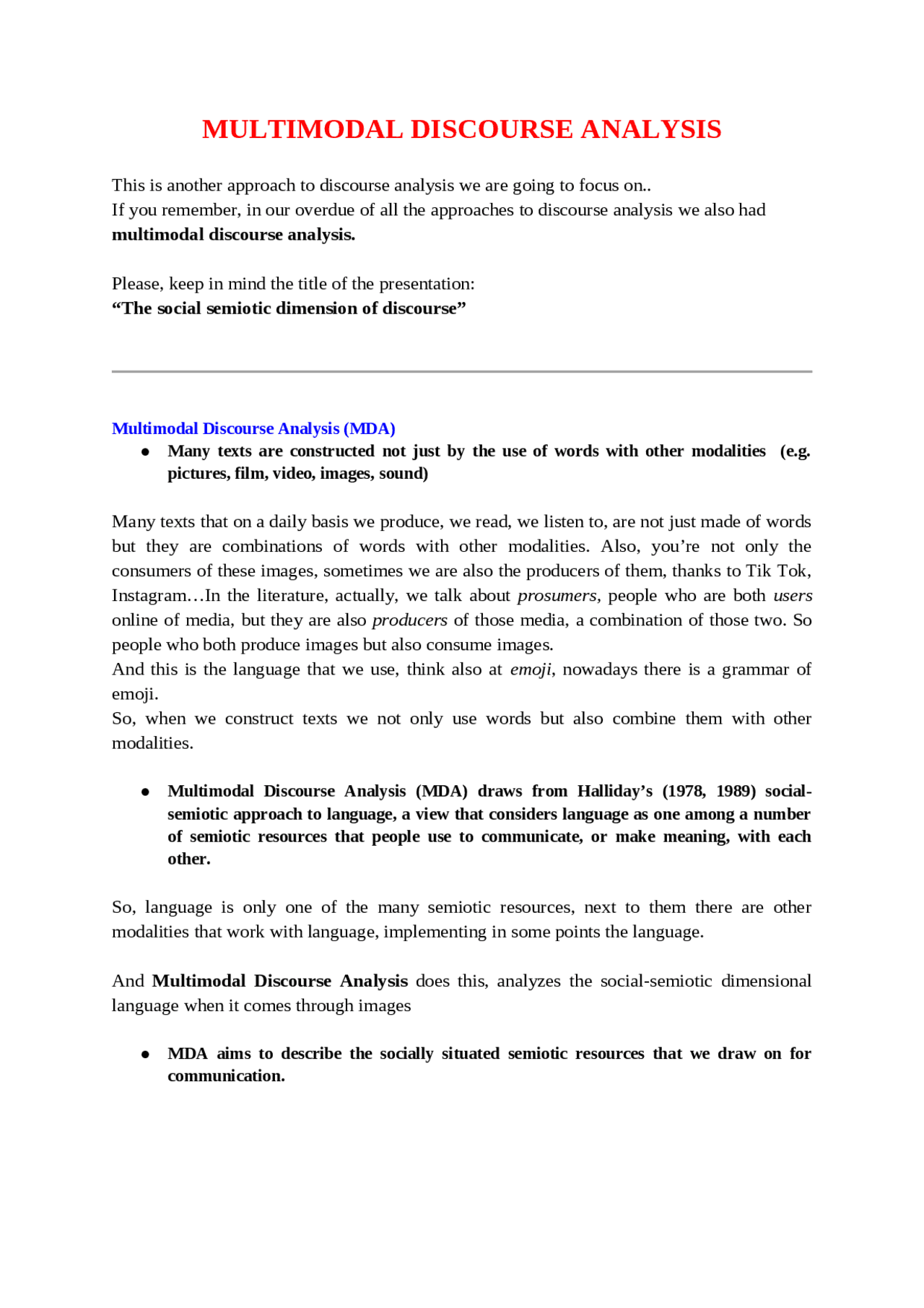 MULTIMODAL DISCOURSE ANALYSIS | Sbobinature di Lingua Inglese | Docsity