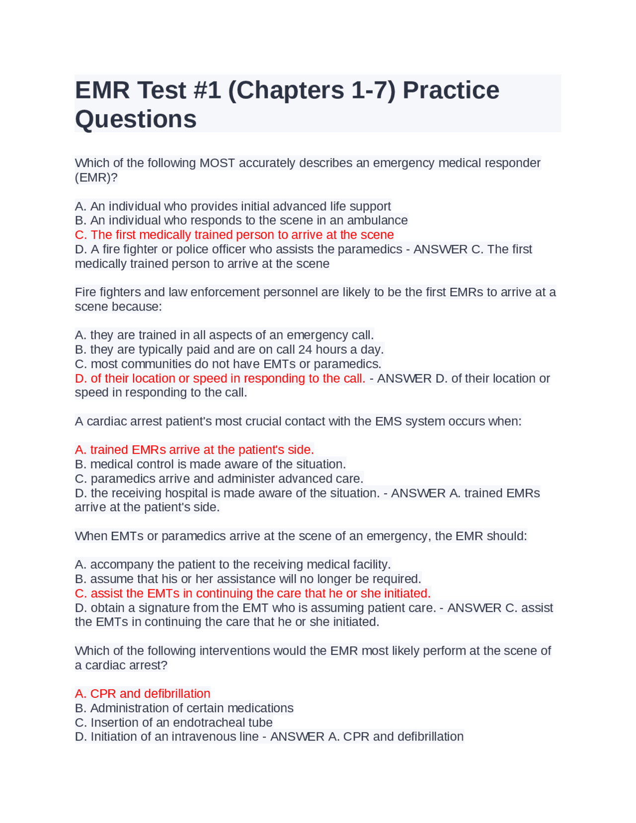 EMR Test #1 (Chapters 1-7) Practice Questions. | Exams Nursing | Docsity