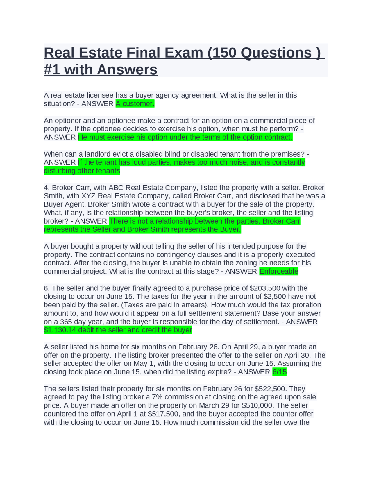 Real Estate Final Exam (150 Questions ) 1 with Answers.latest 2022