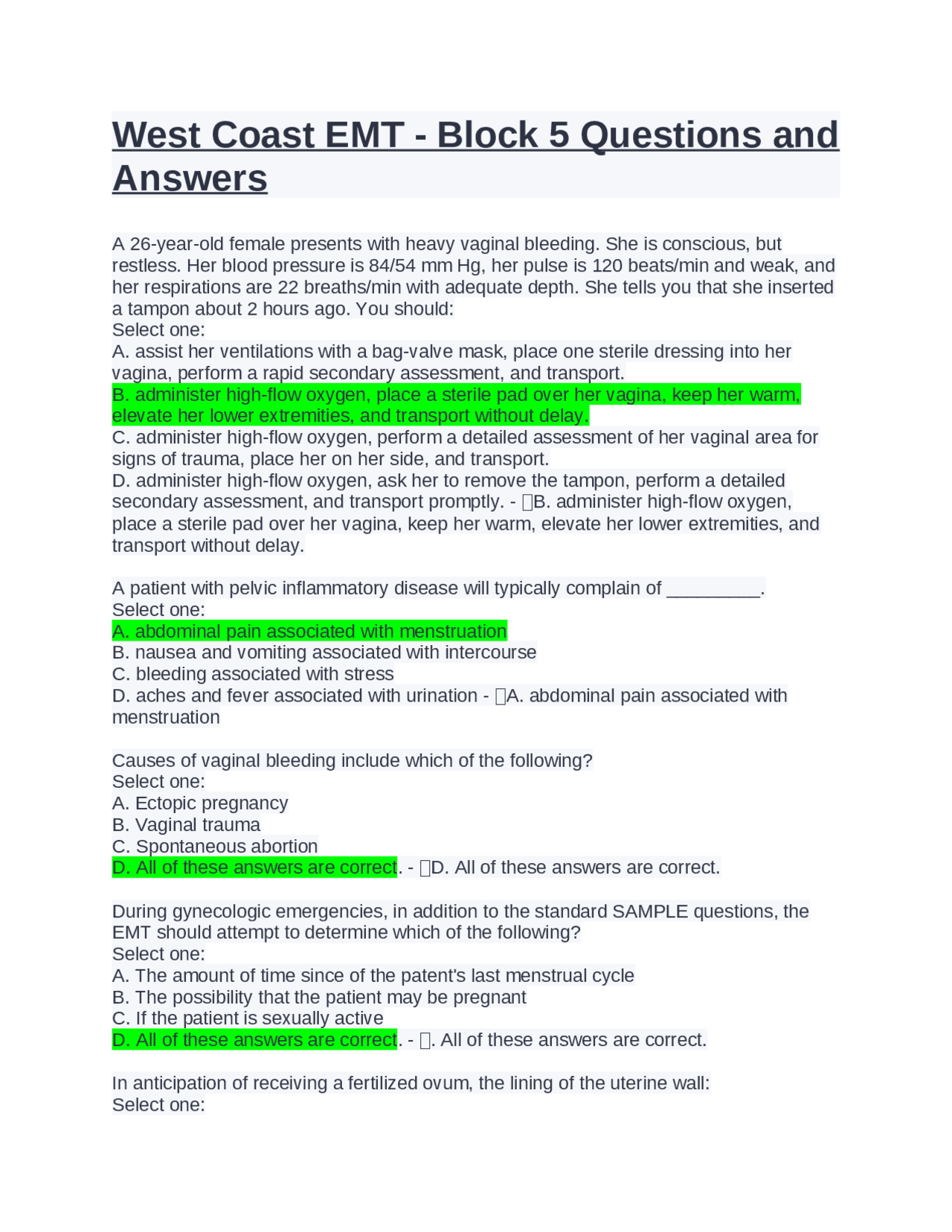 West Coast EMT - Block 5 Questions and Answers. | Exams Nursing | Docsity