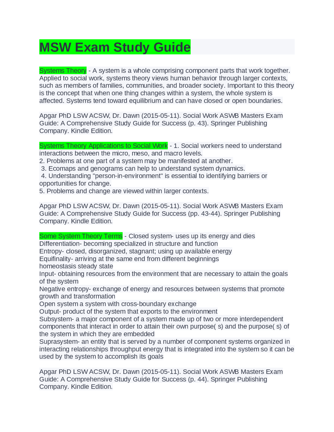 MSW Exam Study Guide | Exams Nursing | Docsity