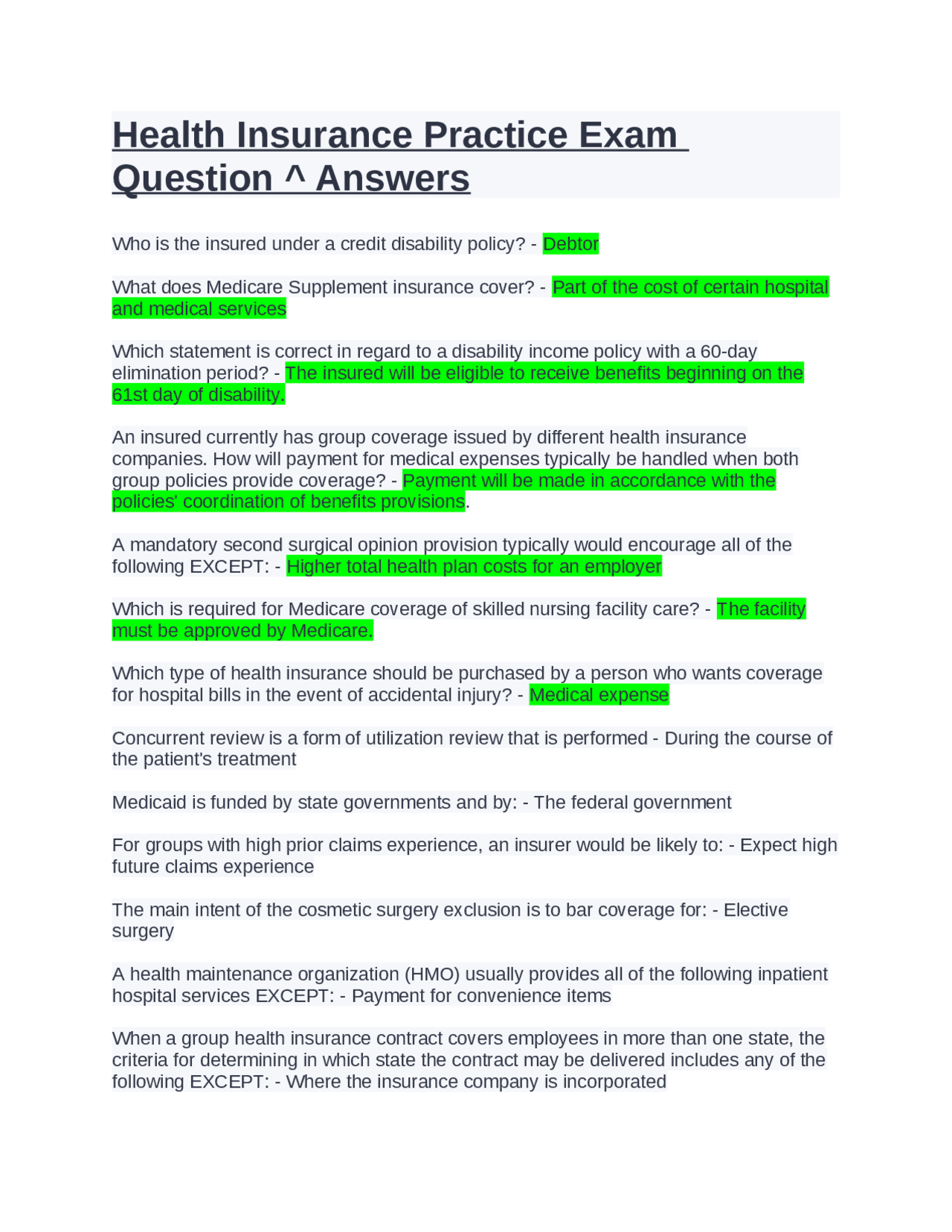 Health Insurance Practice Exam Question ^ Answers. | Exams Nursing ...