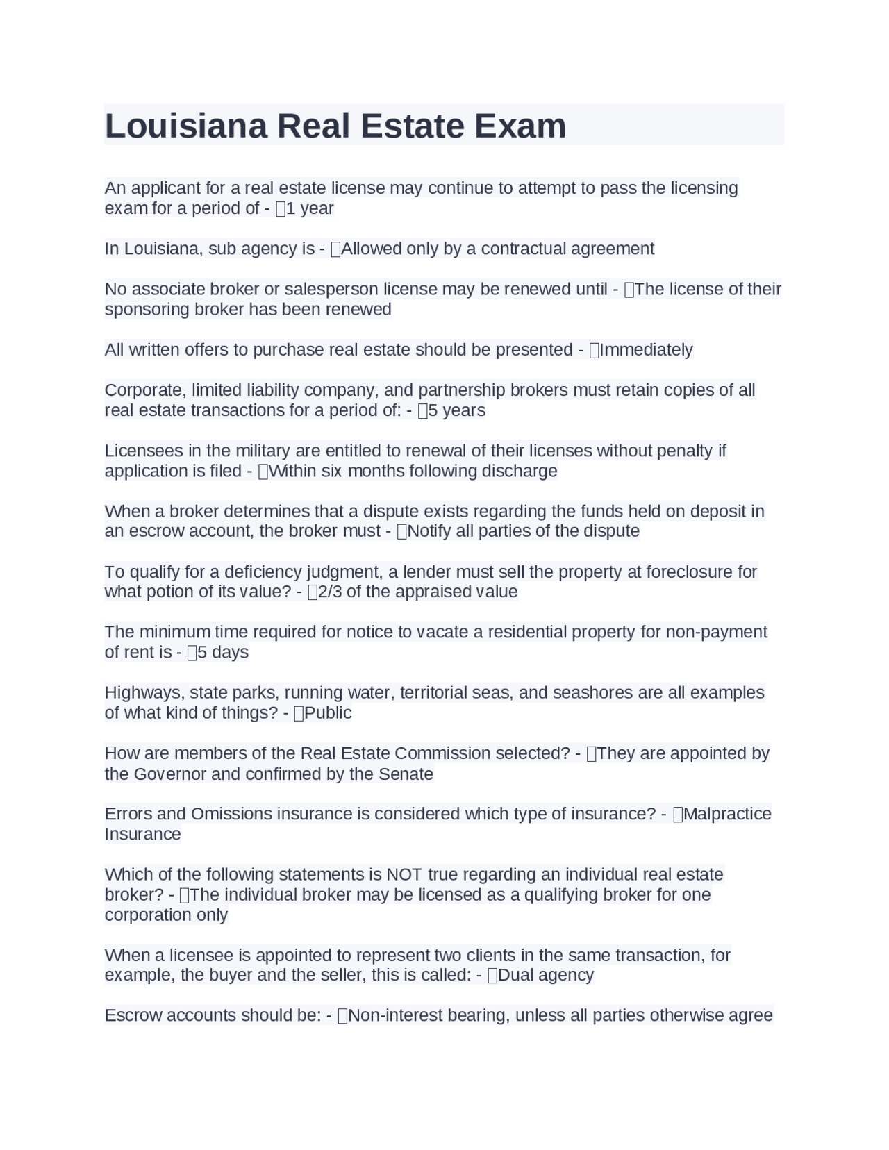 Louisiana Real Estate Exam.Questions and answers Exams Nursing Docsity