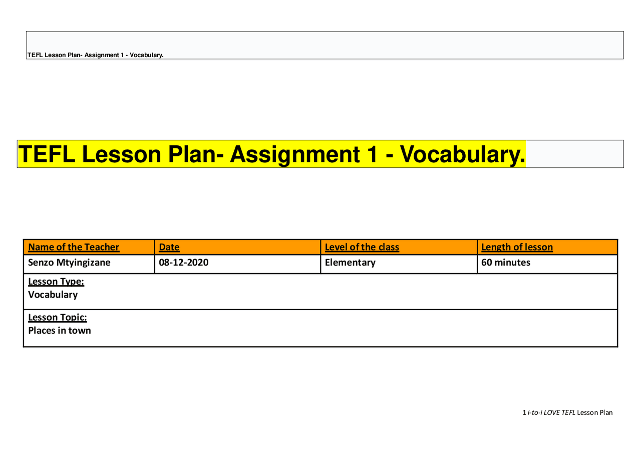 TEFL Lesson Plan- Assignment 1 - Vocabulary. | Exams Nursing | Docsity