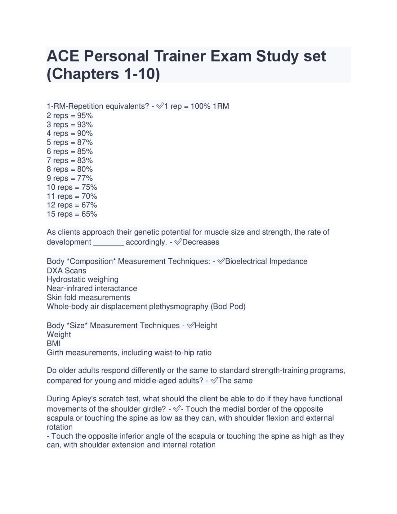 ACE Personal Trainer Exam Study set (Chapters 110) 2022/2023 Docsity