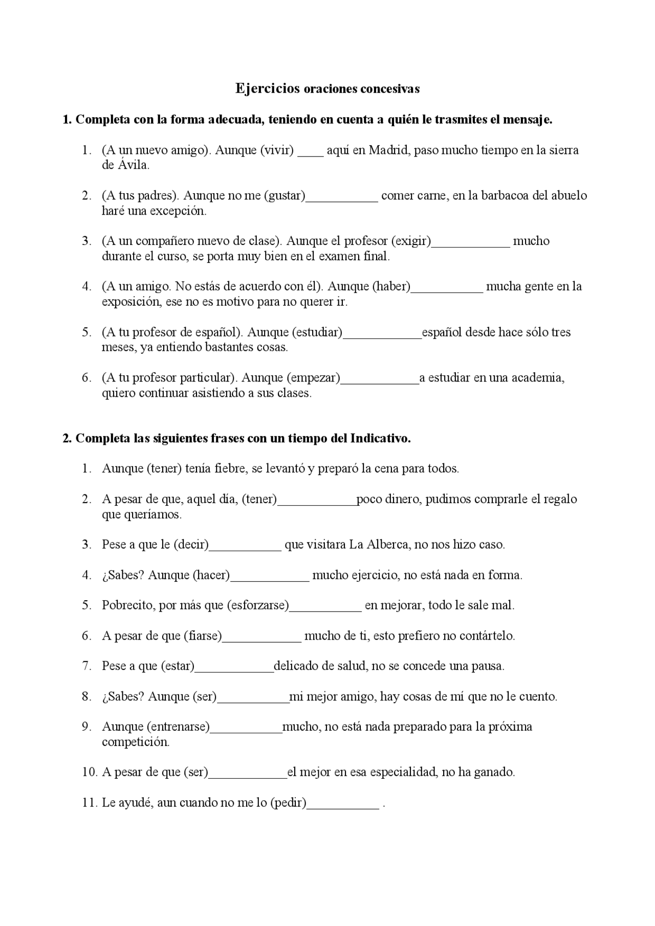 Ejercicios concesivas | Esercizi di Lingua Spagnola | Docsity