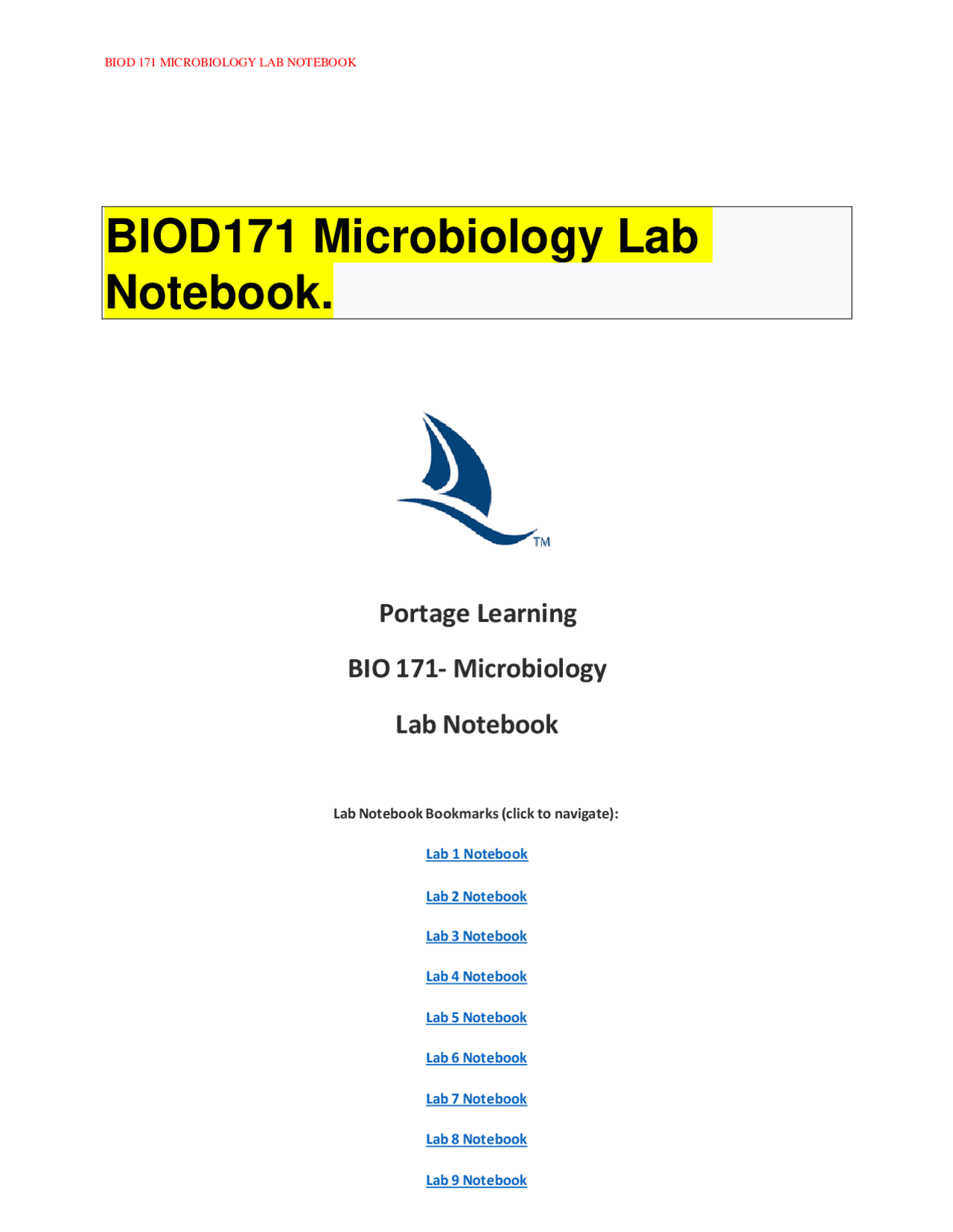 BIOD 171 MICROBIOLOGY LAB NOTEBOOK Exams Nursing Docsity