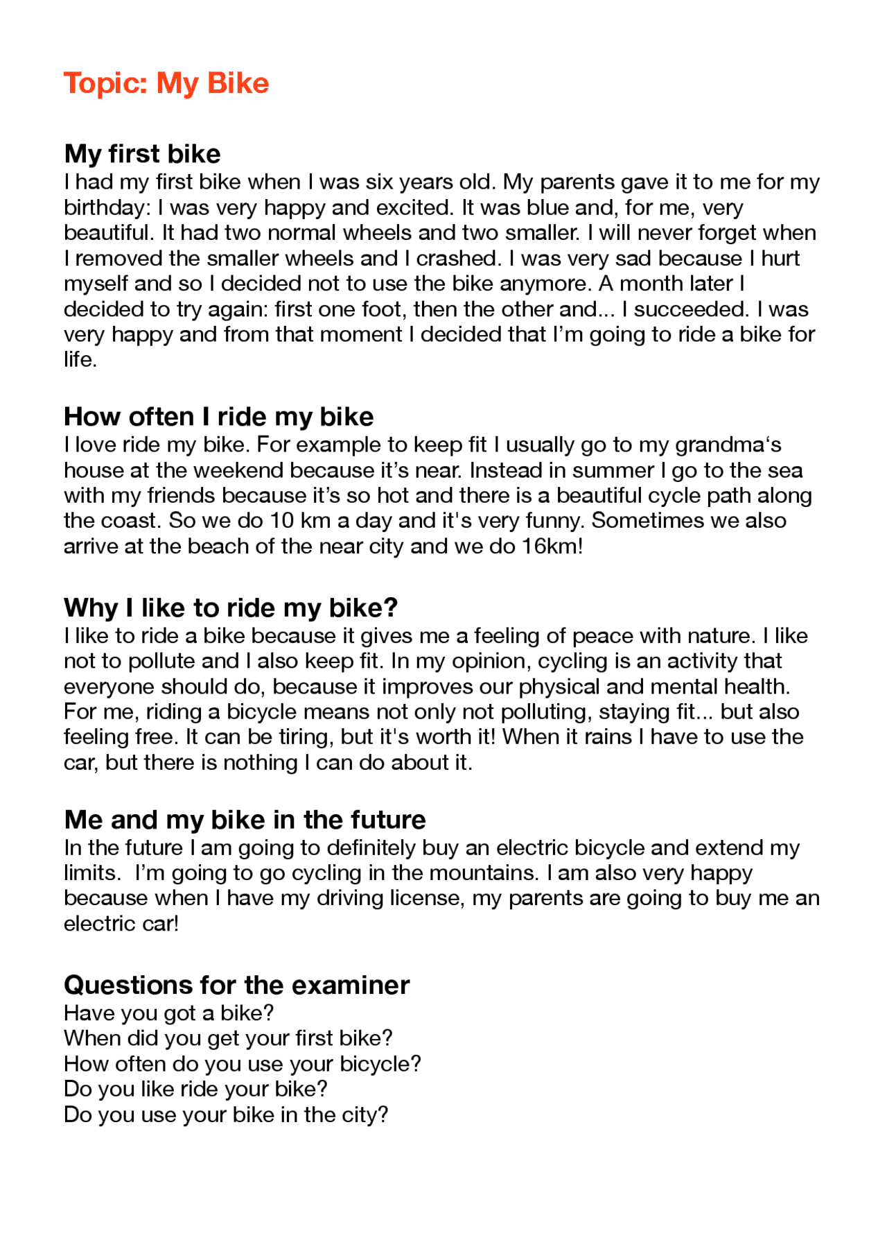 Topic for Trinity Exam Grade 4 (My Bike) Prove d'esame di Inglese