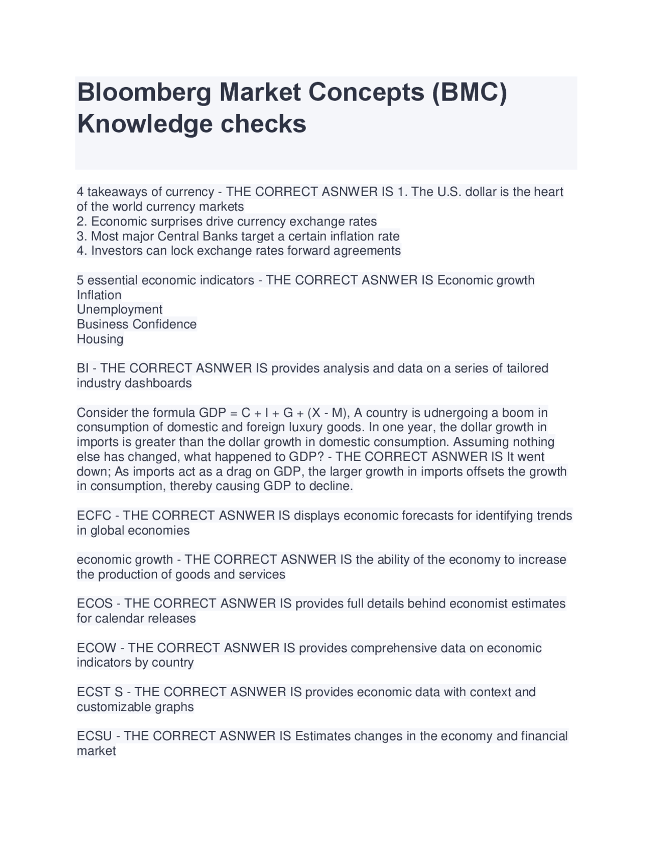 Bloomberg Market Concepts (BMC) Knowledge checks (Latest 2022/2023) A+ ...