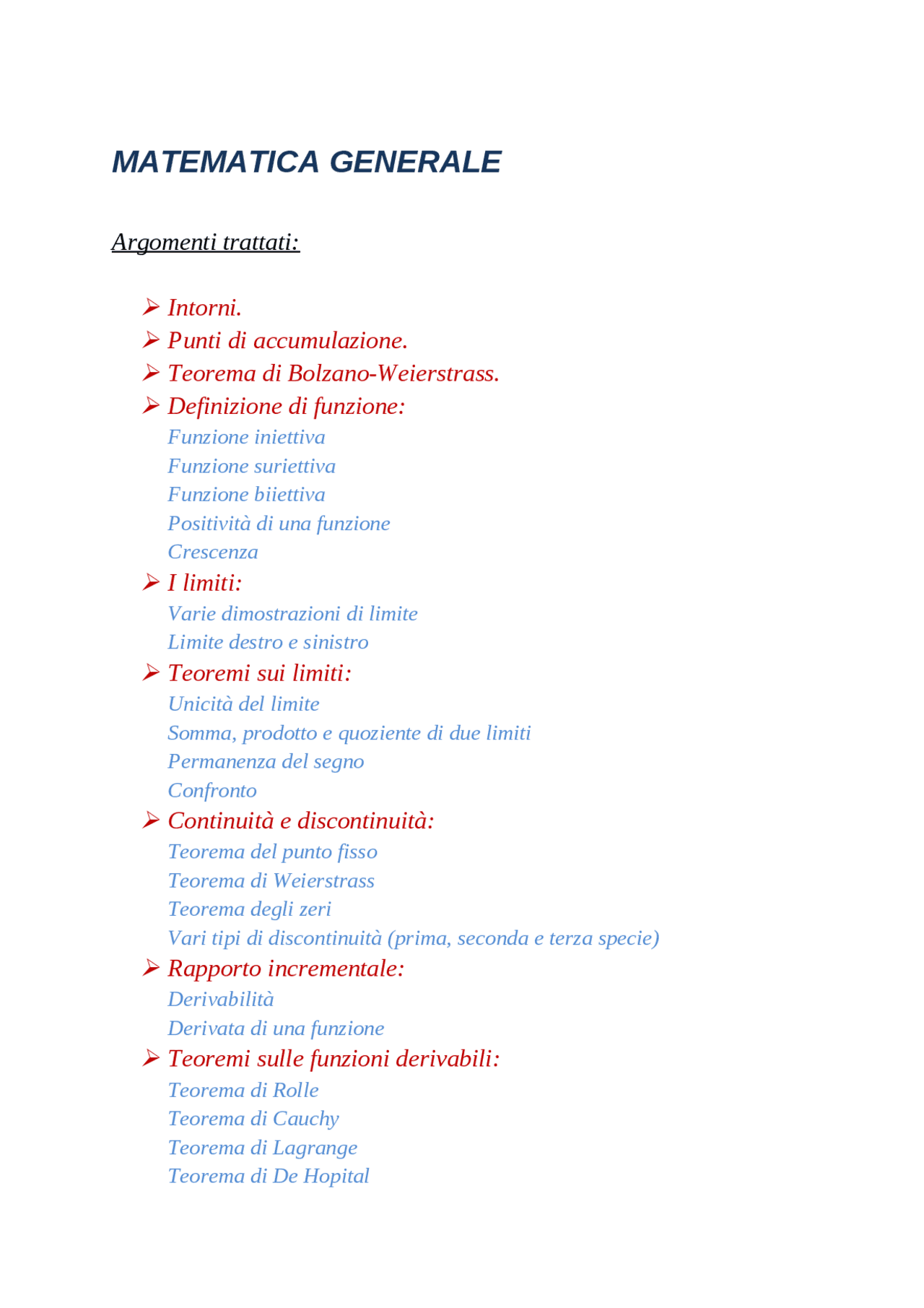 Appunti teoria di Matematica generale Appunti di Matematica Generale