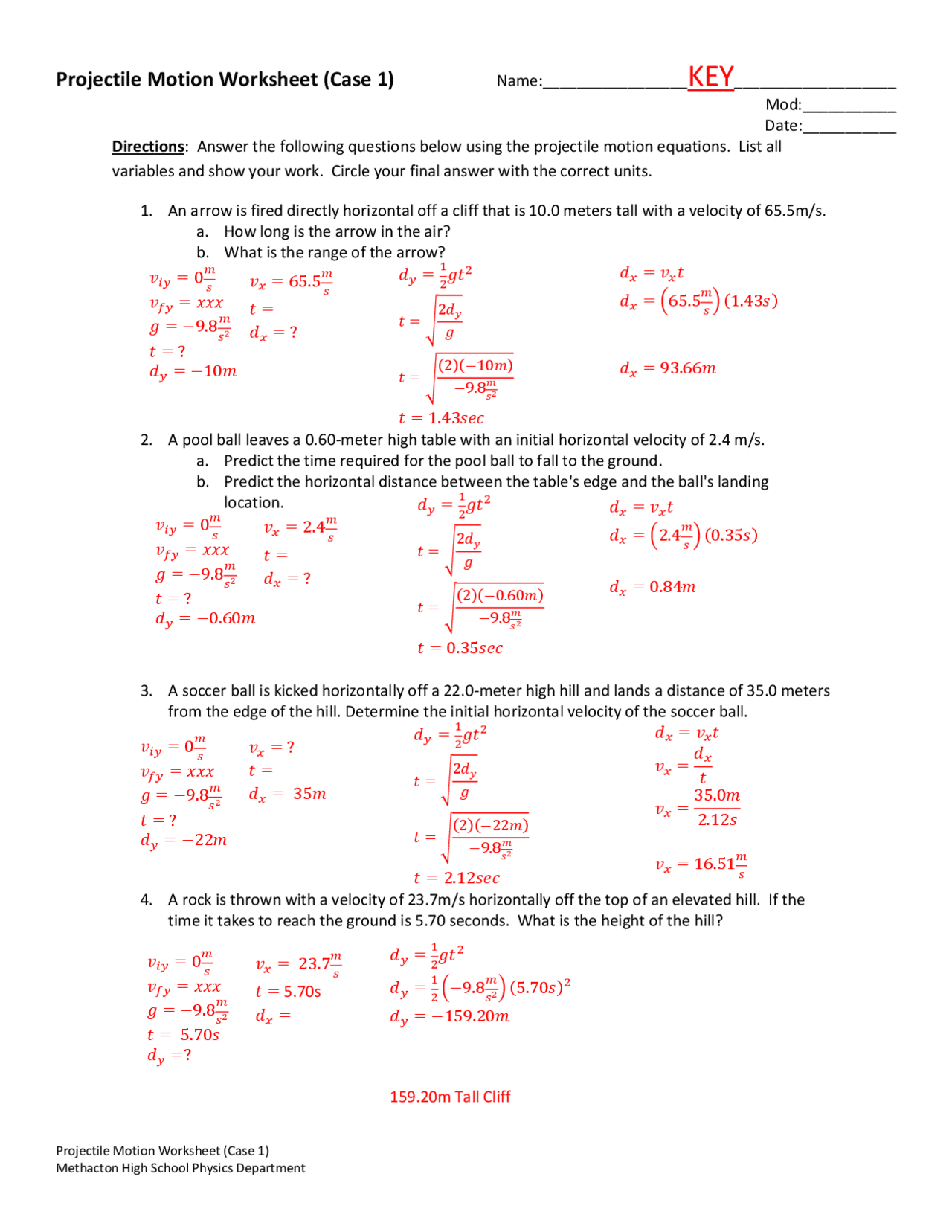 Projectile Motion Worksheet (Case 1) | Study notes Physics | Docsity