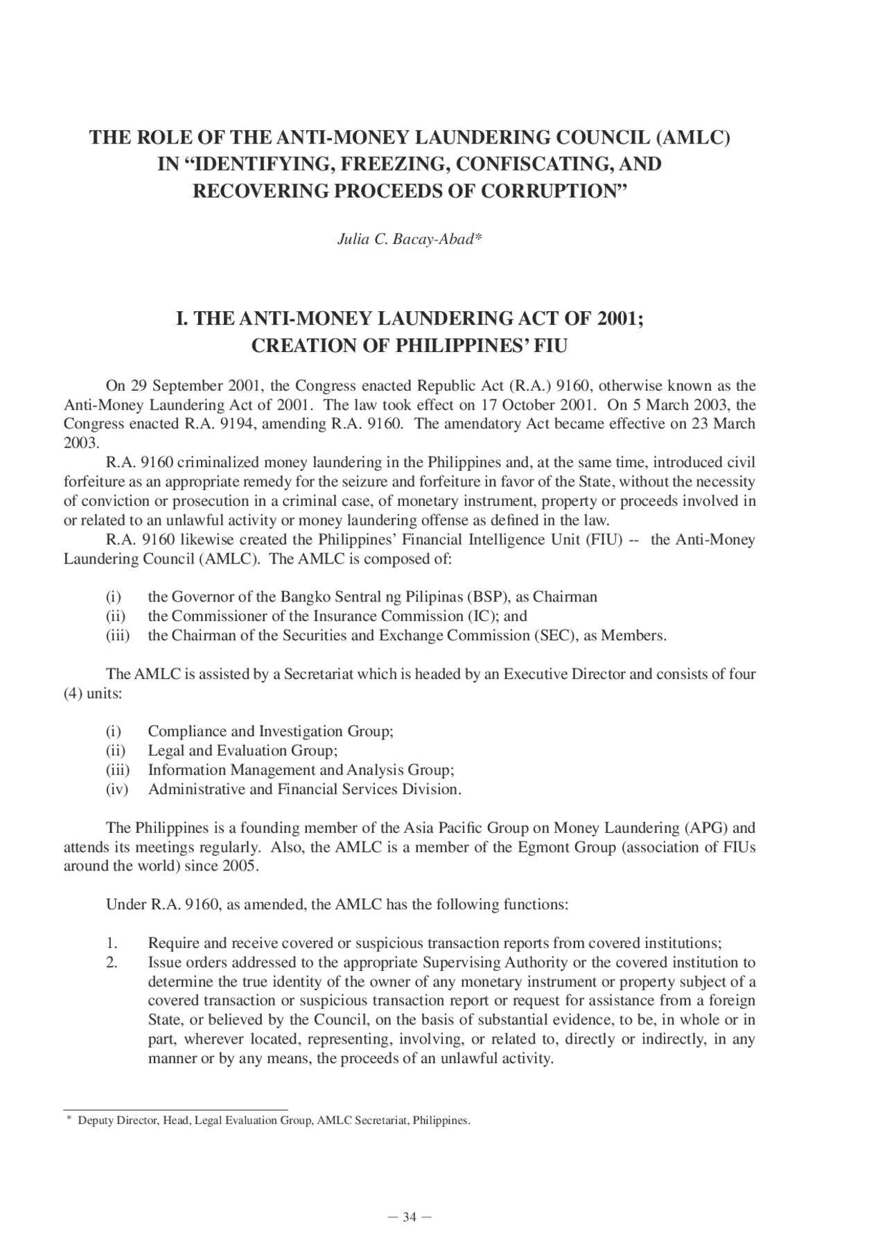 Amlc Cor Example The role of the anti-money laundering council (amlc) in ... | Study ...