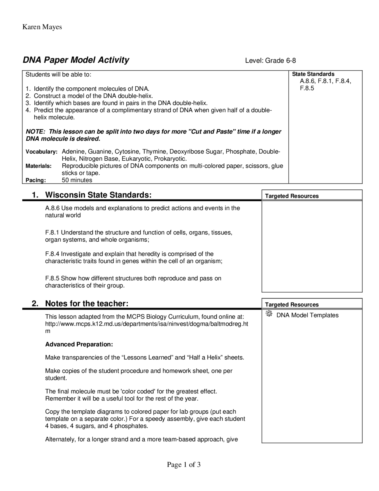 Dna Structure Paper Modle Lab DNA Paper Model Activity | Assignments Biology - Docsity