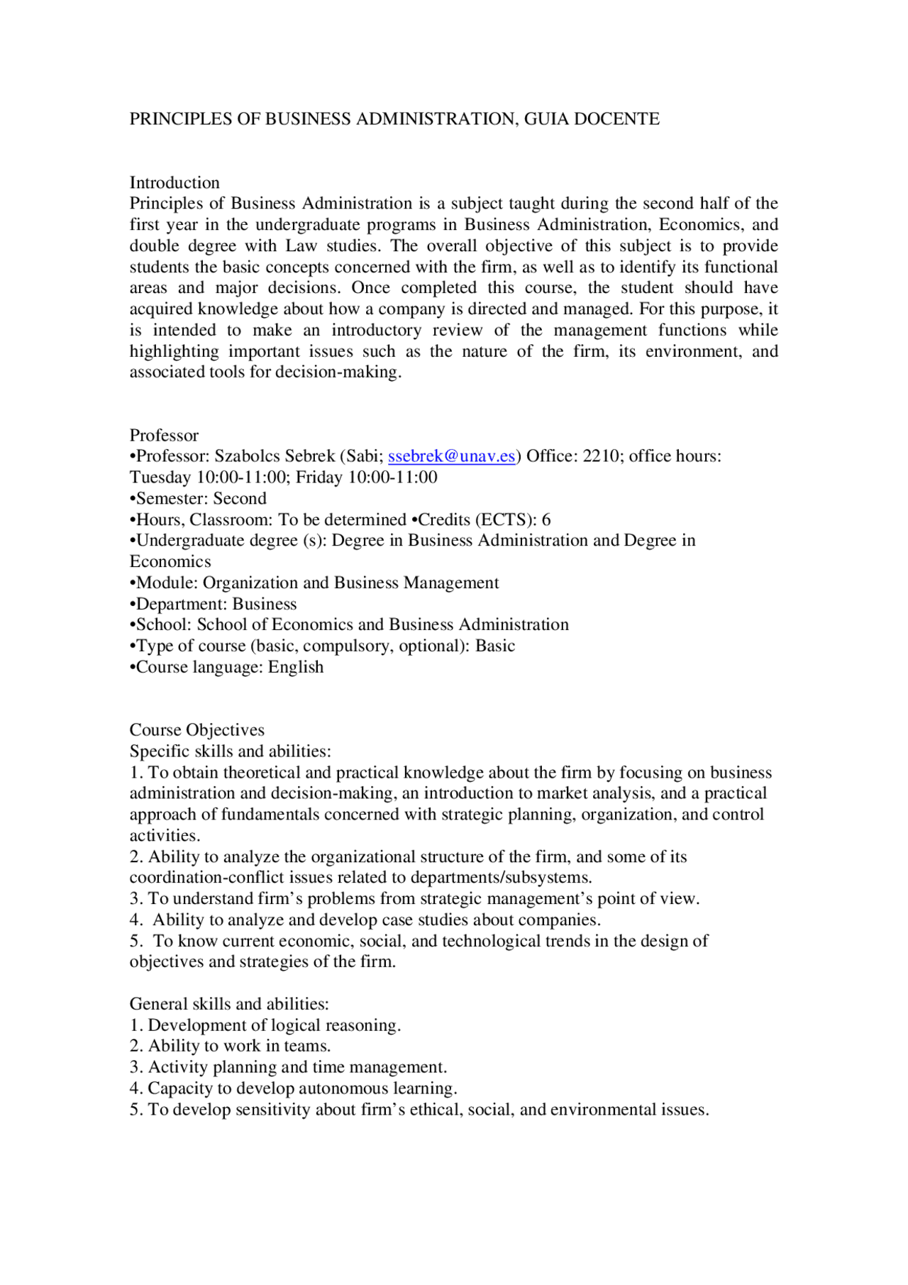 Principles of Business Administration Course Overview and Objectives