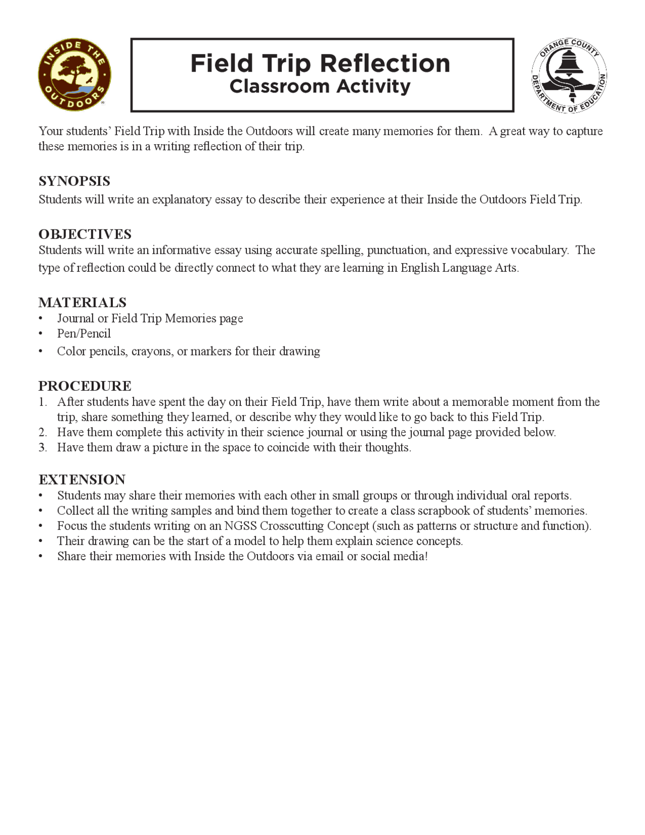 Field Trip Reflection | Assignments English Language | Docsity