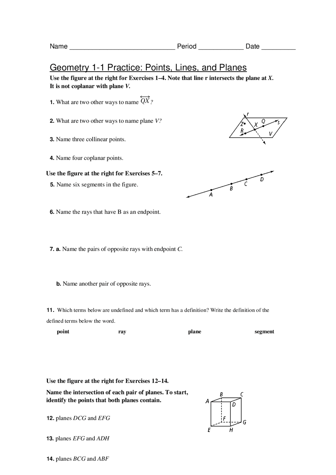 Geometry 1-1 Practice: Points, Lines, and Planes | Slides Geometry | Docsity
