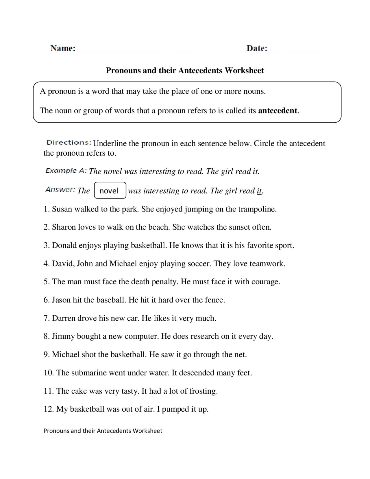 Pronouns and their Antecedents Worksheet | Study notes Grammar and  Composition | Docsity