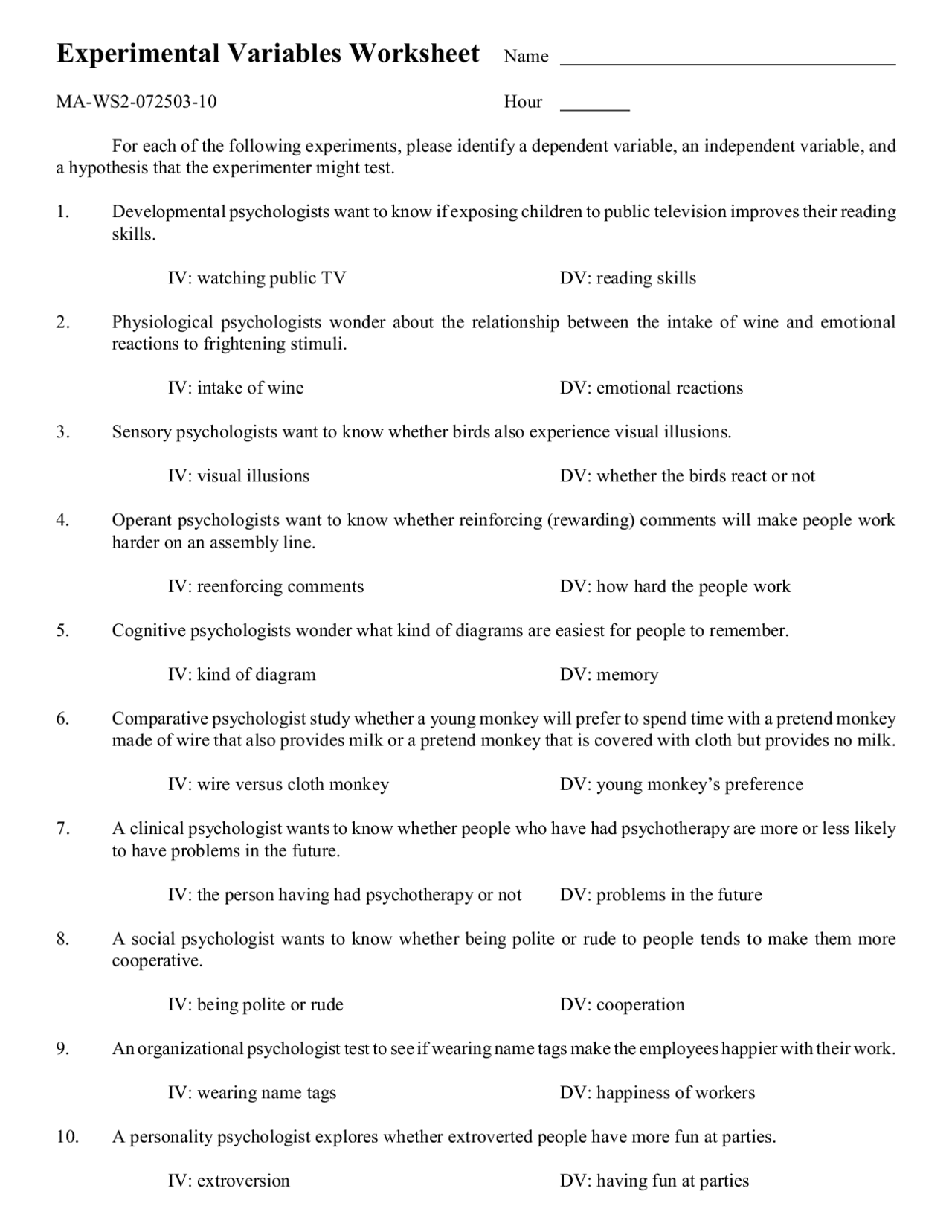 Experimental Variables Worksheet