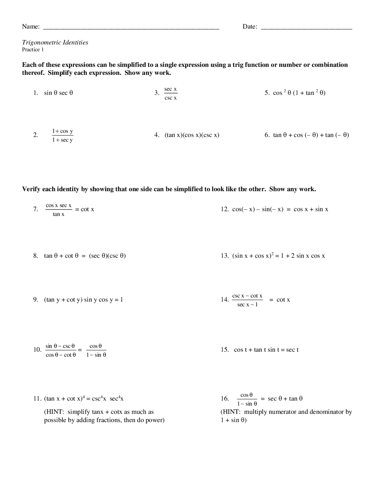 PreCalculus Worksheet on Simplifying Trig Expressions | Study notes Pre ...