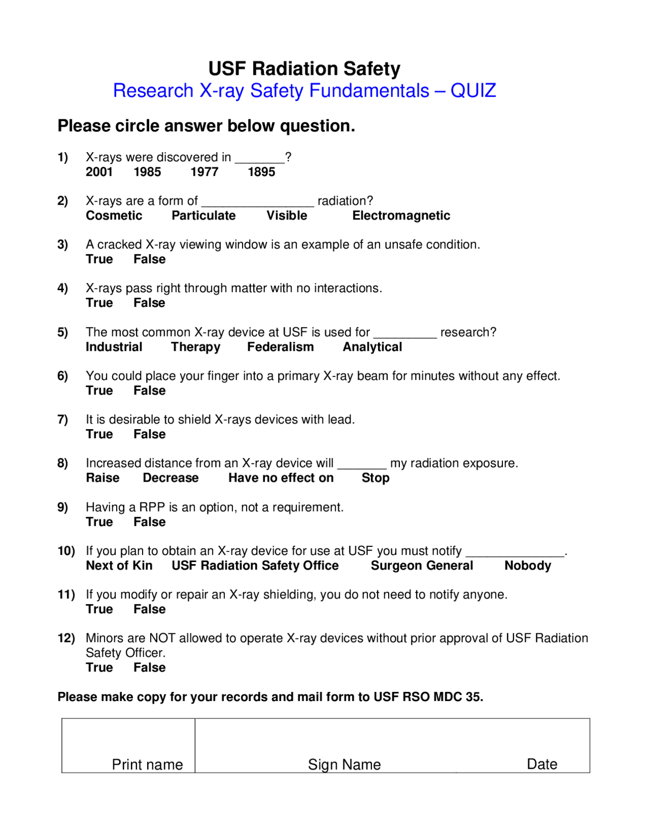 USF Radiation Safety Research Xray Safety Fundamentals Exams