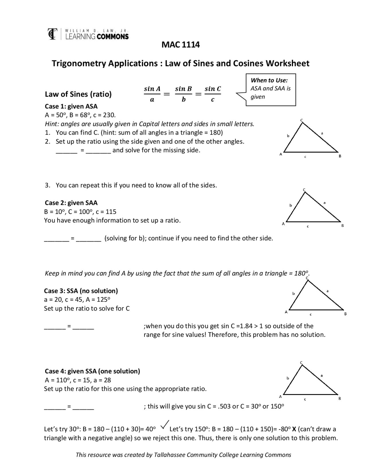 Law of Sines and Cosines Worksheet | Study Guides, Projects, Research