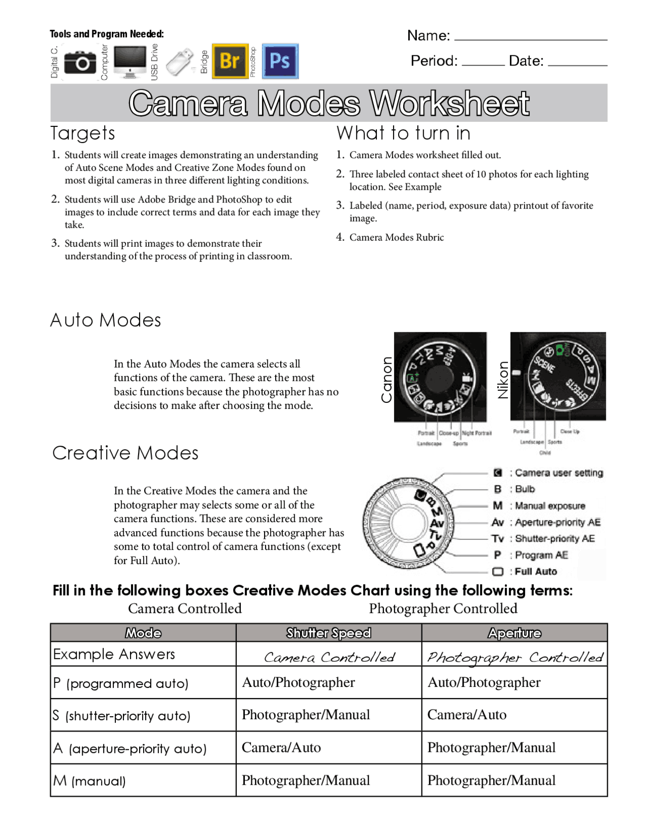 Camera Modes Answer Key Camera Modes Worksheet | Slides Photoshop | Docsity