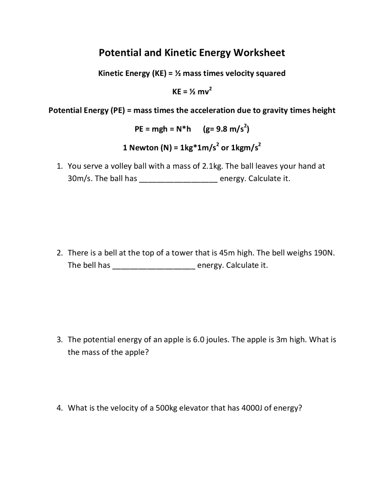 Potential and Energy Worksheet Exercises Kinematics Docsity