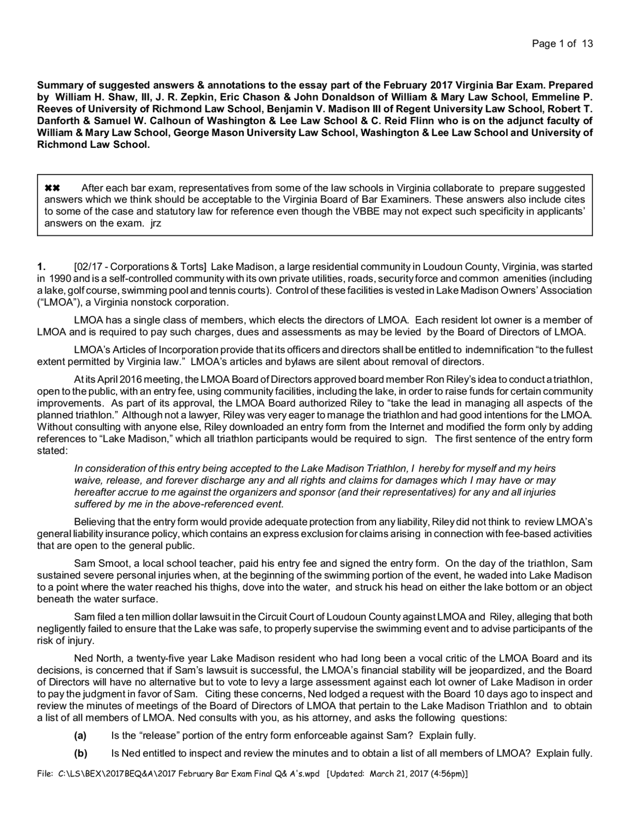 2017 February Bar Exam Final Q A.pdf | Study notes Law | Docsity