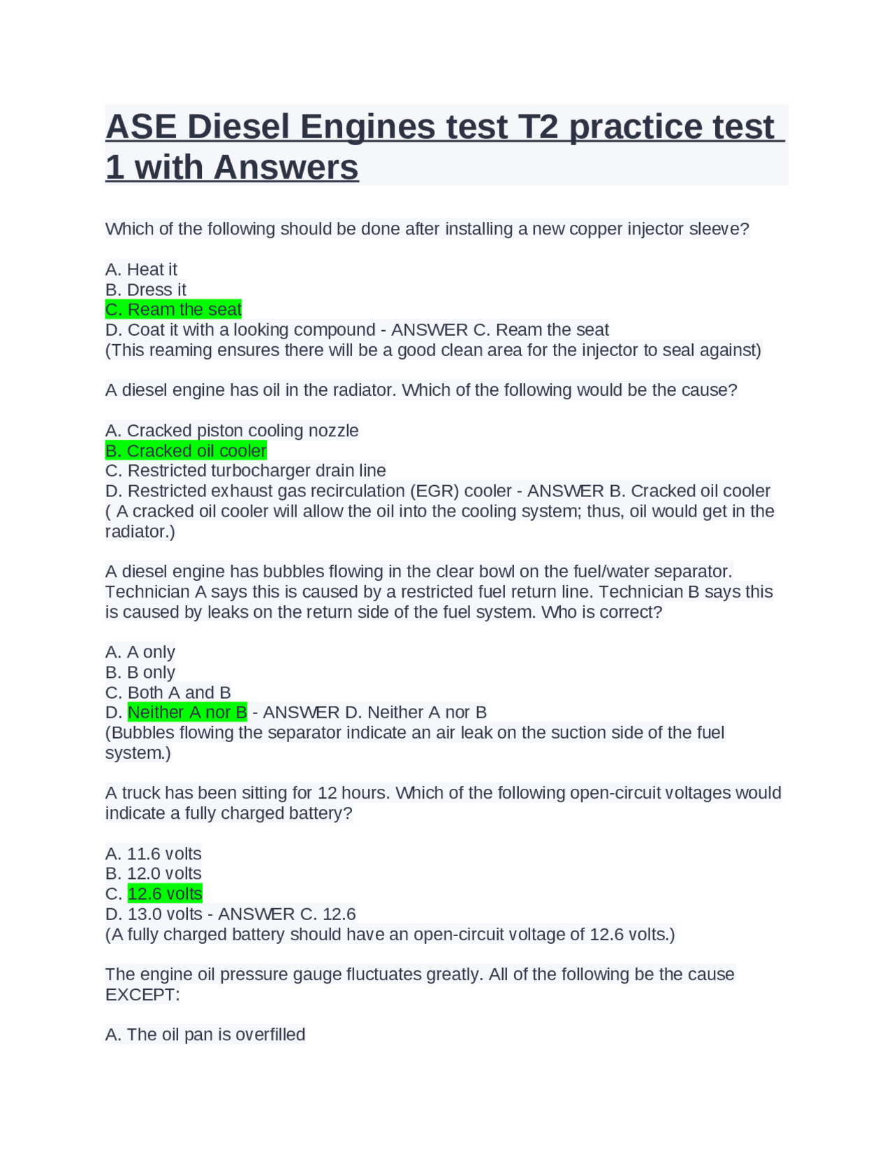 ASE Diesel Engines test T2 practice test 1 with Answers. | Exams ...