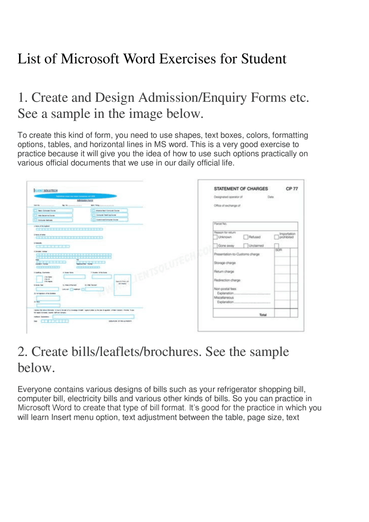 List of Microsoft Word Exercises for Student | Study Guides, Projects ...