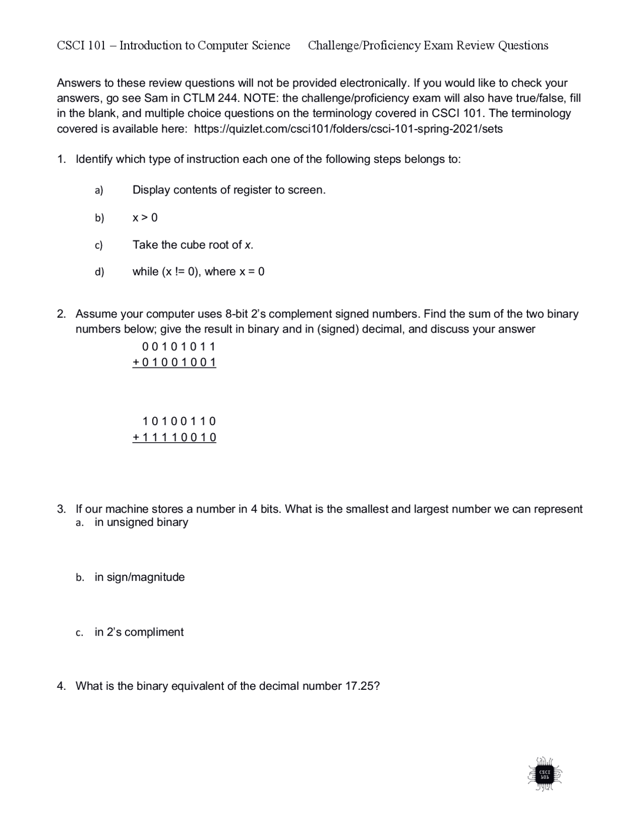 CSCI 101 – Introduction to Computer Science Challenge ... | Exams ...