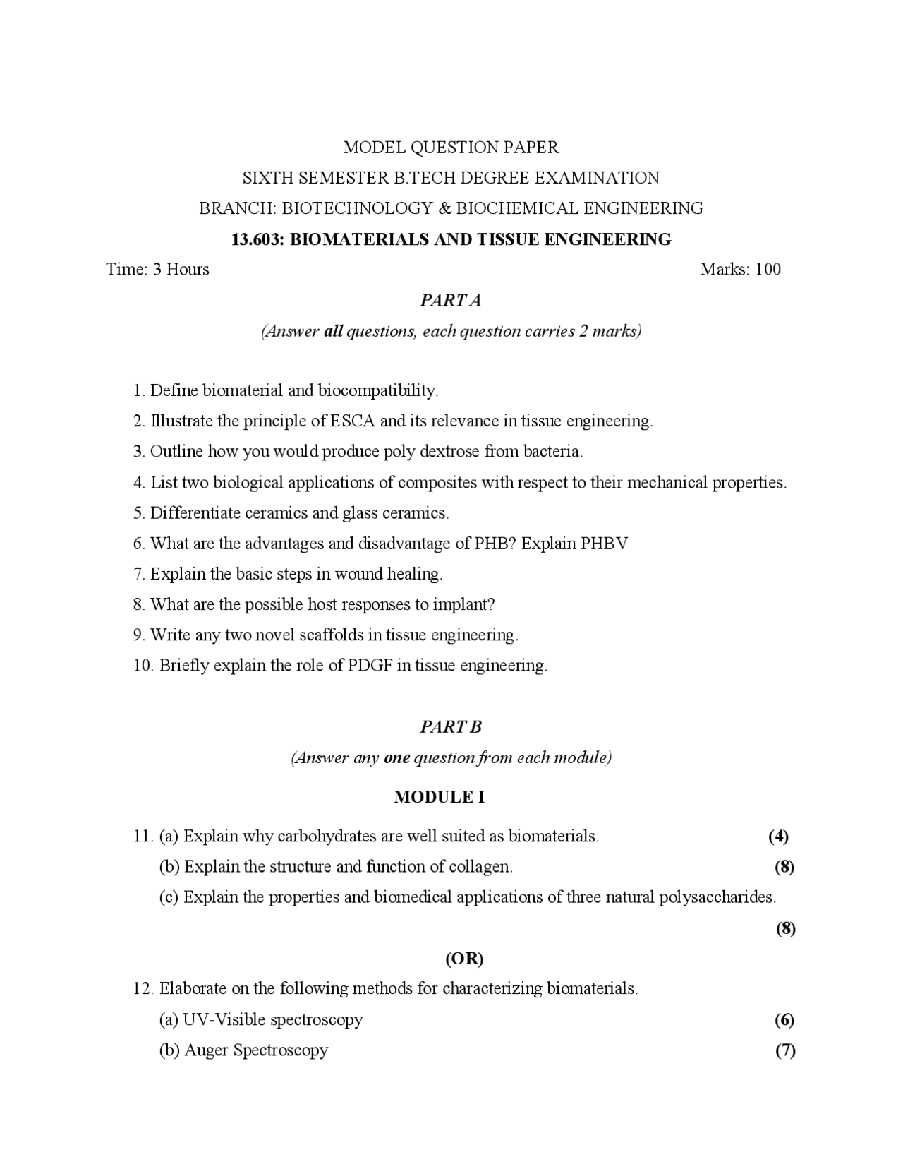 Model question paper | Schemes and Mind Maps Biomaterials - Docsity