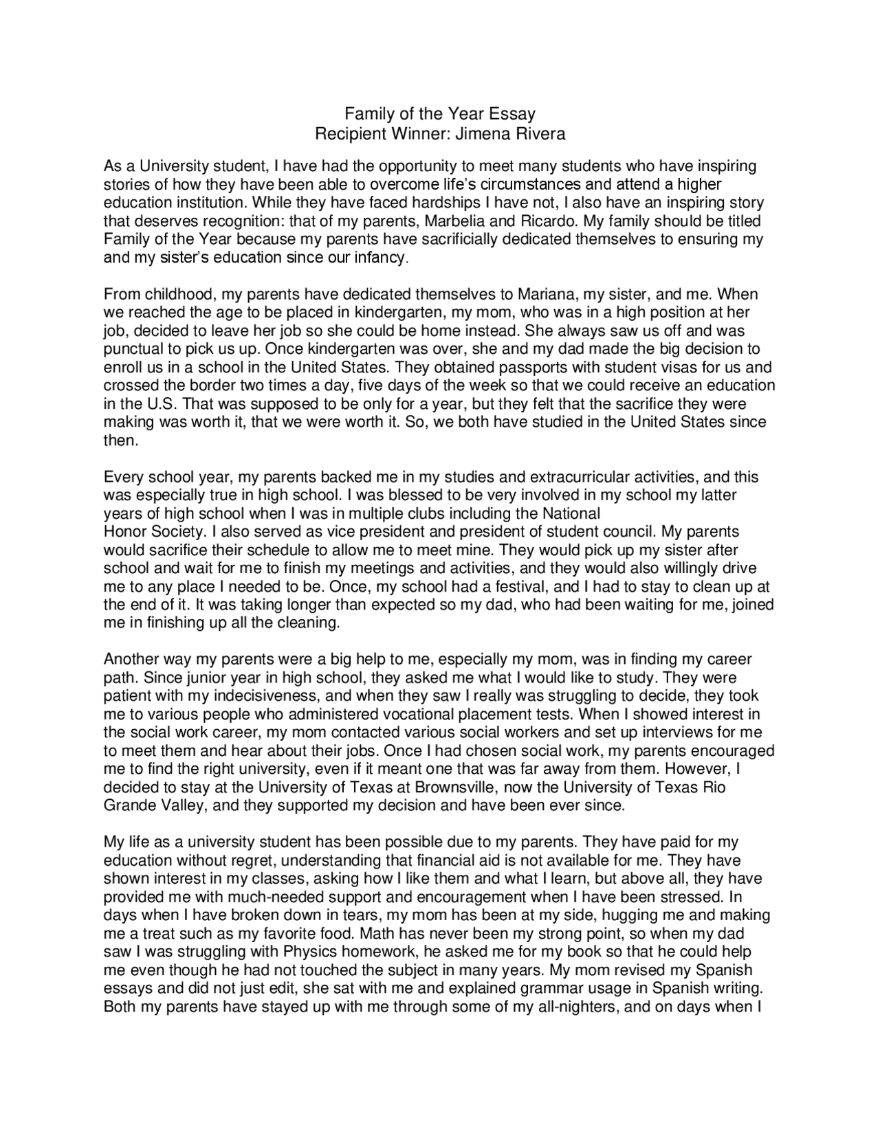Family of the Year Essay Recipient Winner: Jimena Rivera Study notes Family of the Year Essay Recipient Winner: Jimena Rivera Study notes
