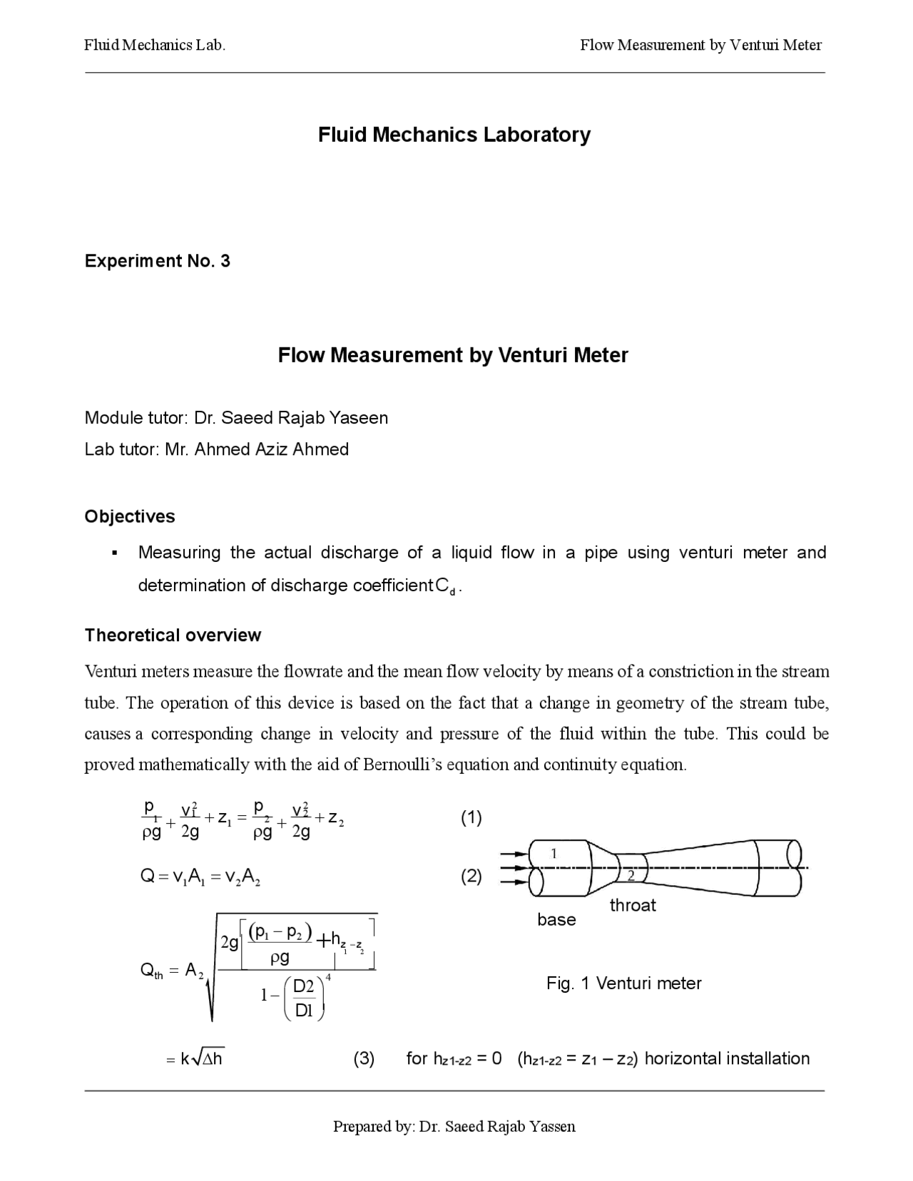 Fluid Mechanics Laboratory Flow Measurement by Venturi Meter ...